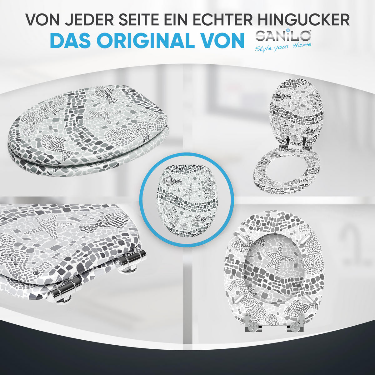 WC-SITZ Soft Close Mosaic World Grey - Grau, Holzwerkstoff (38/6/47cm) - Sanilo