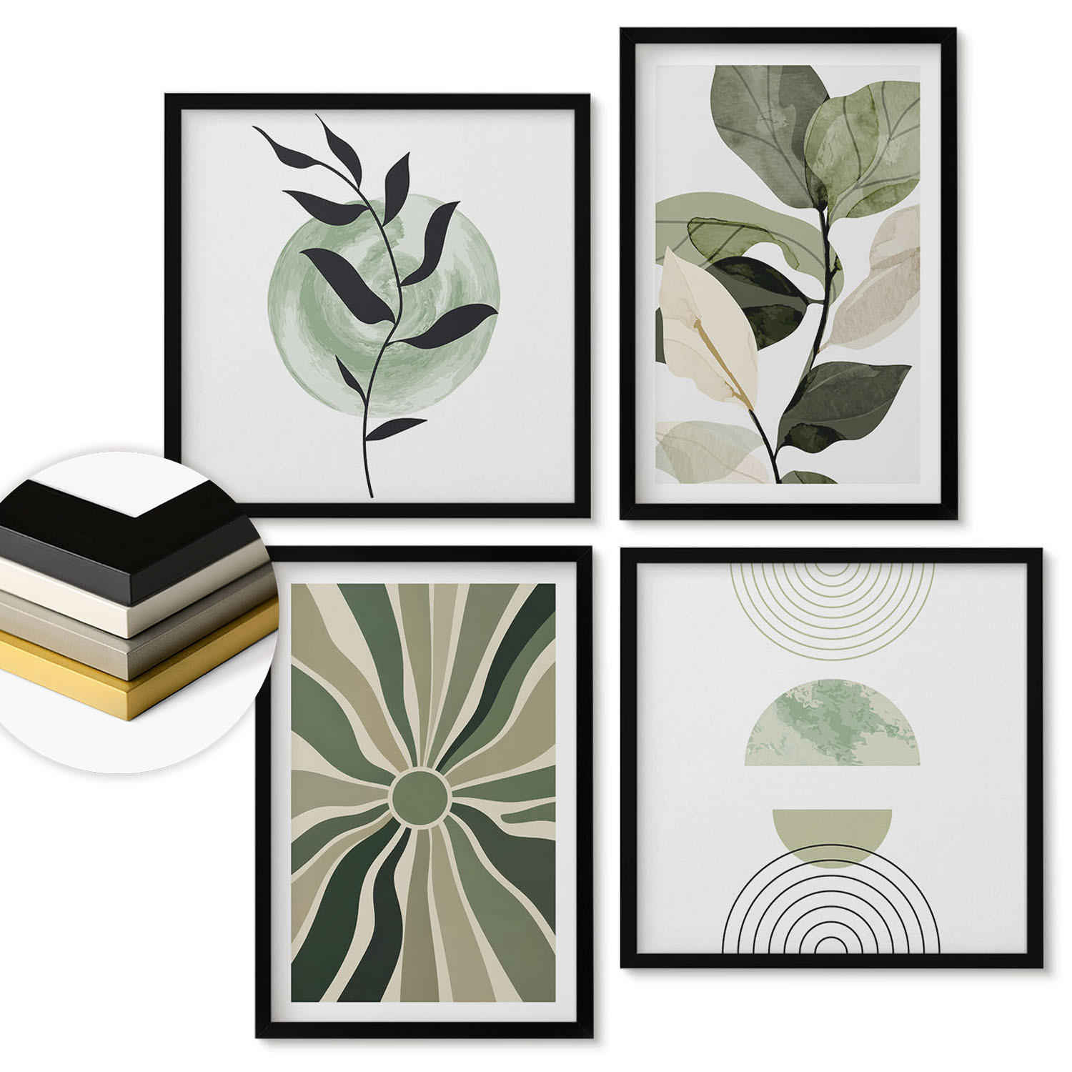 WANDBILDER 4er-Set - 50x50 cm & 40x60 cm Schwarzer Rahmen - Geometrische Pflanzenformen - Schwarz, Kunststoff (50/50cm) - ArtPrintCave