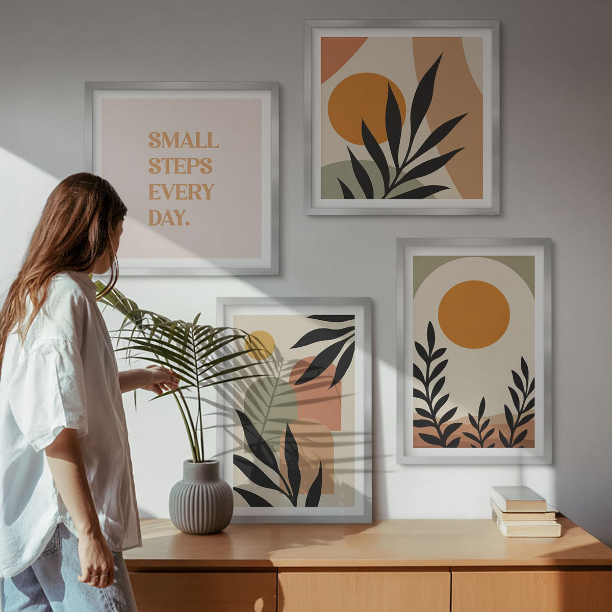 WANDBILDER 4er Set - 50x50 cm & 40x60 cm Silberner Rahmen - Abstrakte Pflanzenmotive - Silberfarben, Kunststoff (50/50cm) - ArtPrintCave