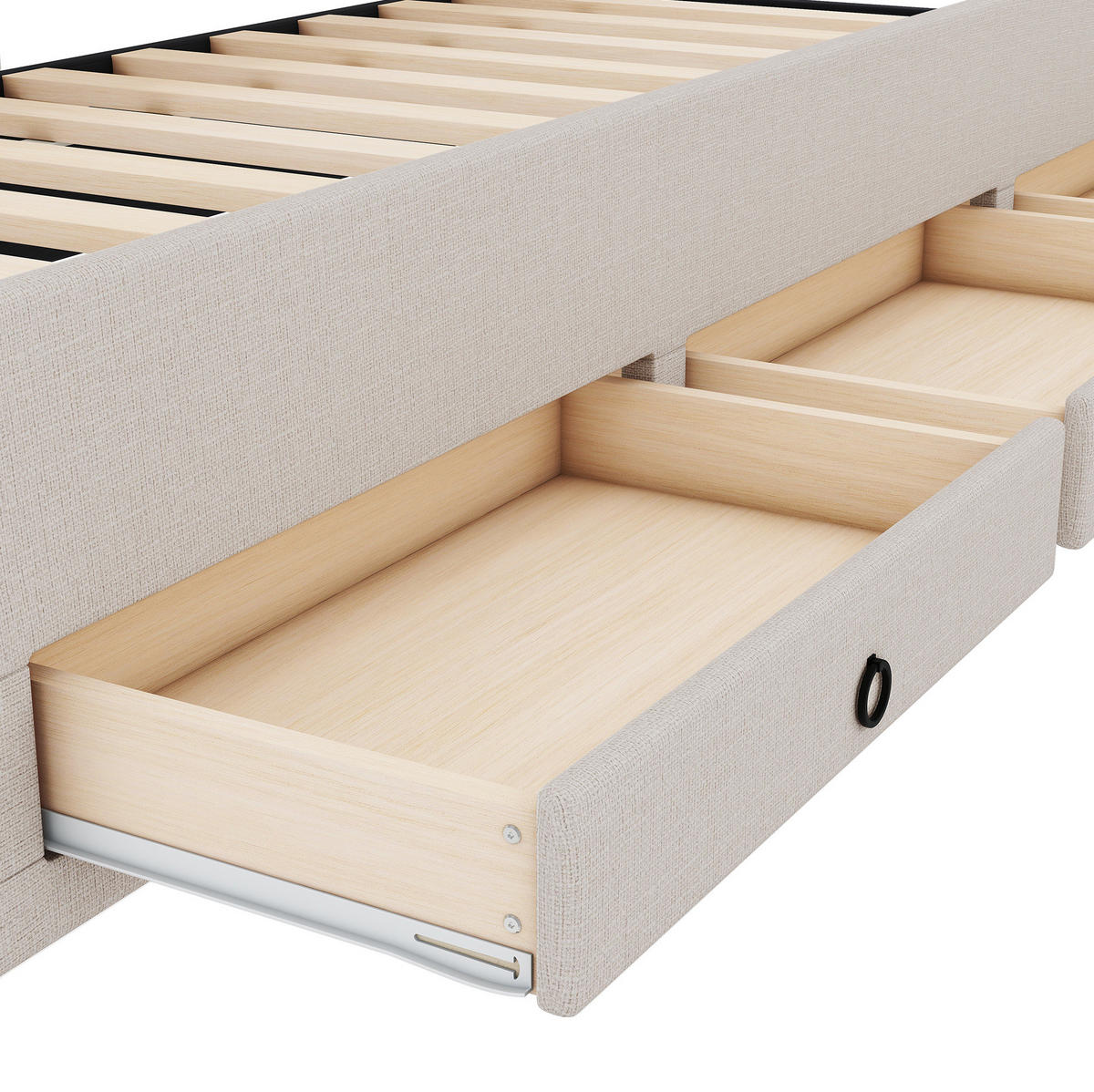 POLSTERBETT 90/200 cm mit Ausziehbett und 3 Schubladen, gepolstertes Kopfteil - Beige, Textil (90/200cm) - BEAOK