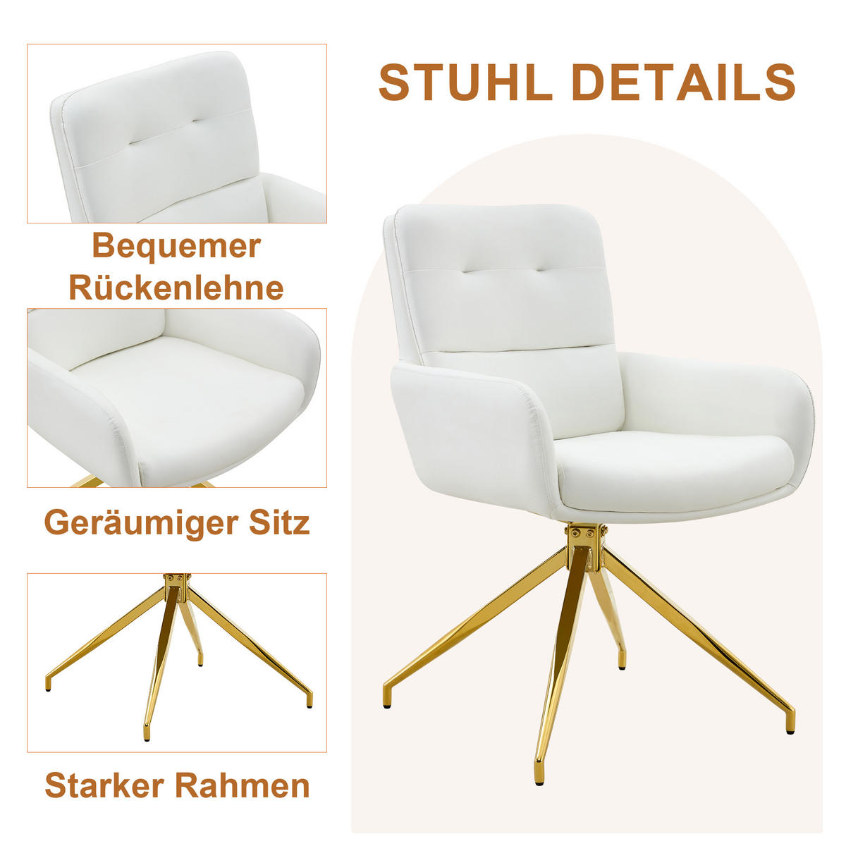 ESSGRUPPE DE-39476 5-teilig, Glastisch und 4 Drehstühlen mit Knopfverzierung Weiß - Weiß, Metall (85/75/85cm) - ComfortXL