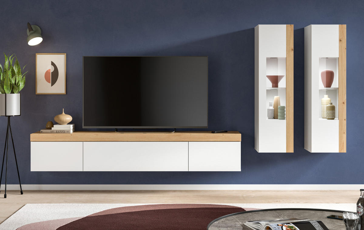 WOHNWAND 3-teilig weiß und Eiche 270 cm, Schrankwand stehend/hängend - Schwarz/Weiß, Glas/Holzwerkstoff (270/181/33cm) - Inn.Furn