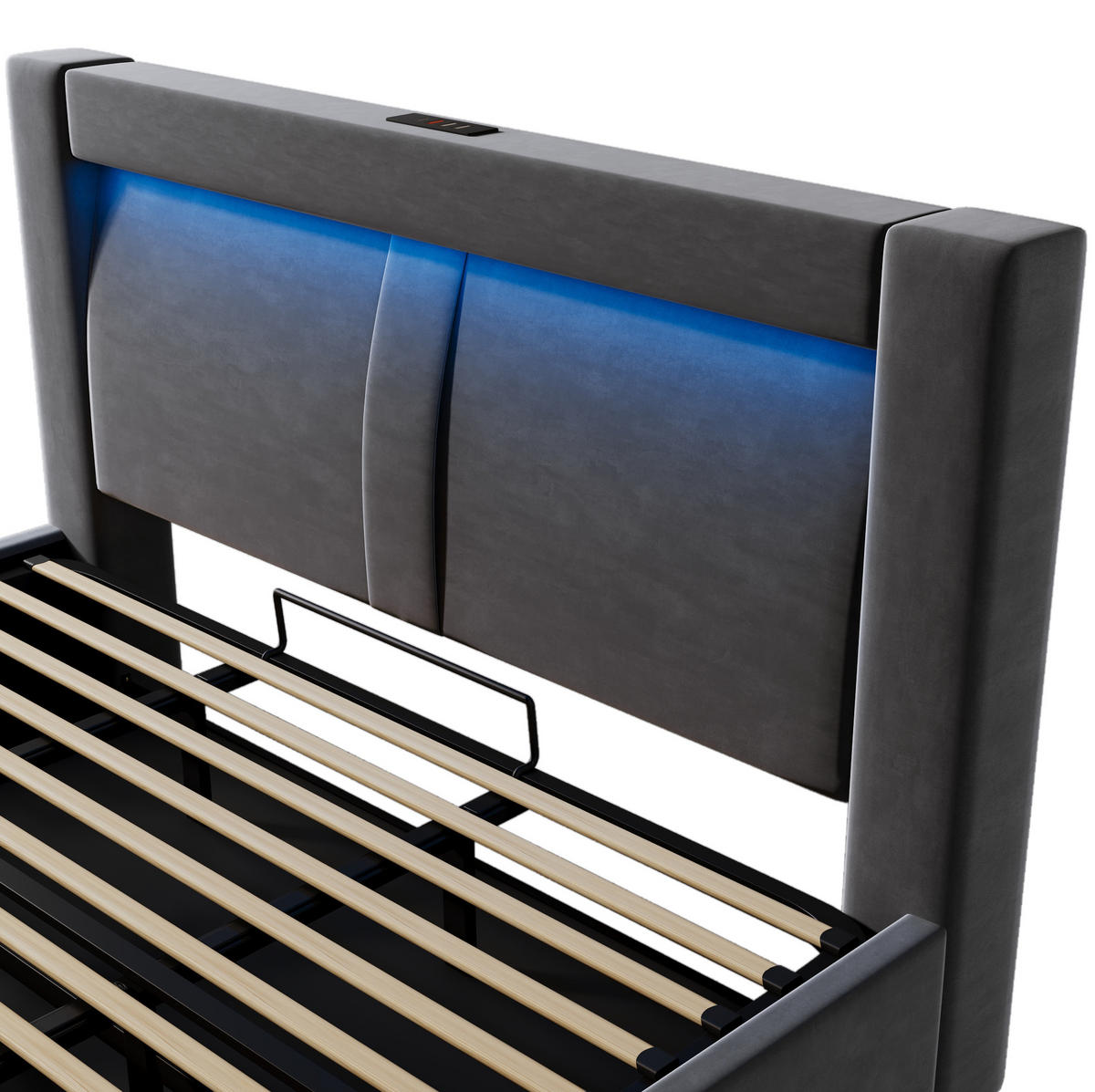 ČALÚNENÁ posteľ zo zamatu 180x200 cm sivá s LED osvetlením, USB a Type-C nabíjaním, úložným priestorom - sivá, textil (180/200cm) - Modfu