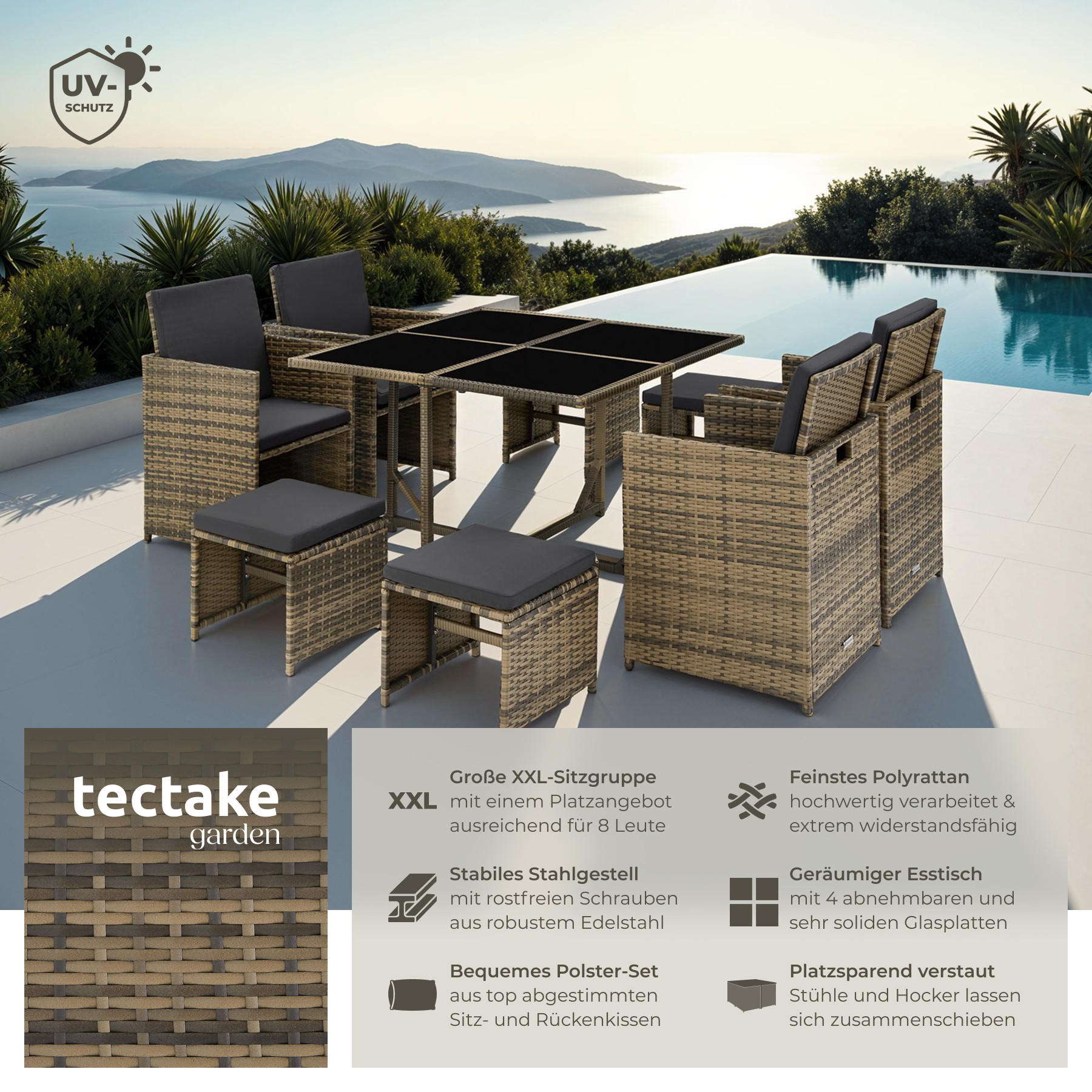 RATTAN SITZGRUPPE Bilbao,zusammenschiebbar, inklusive Schutzhülle,natur - Naturfarben, Kunststoff - tectake