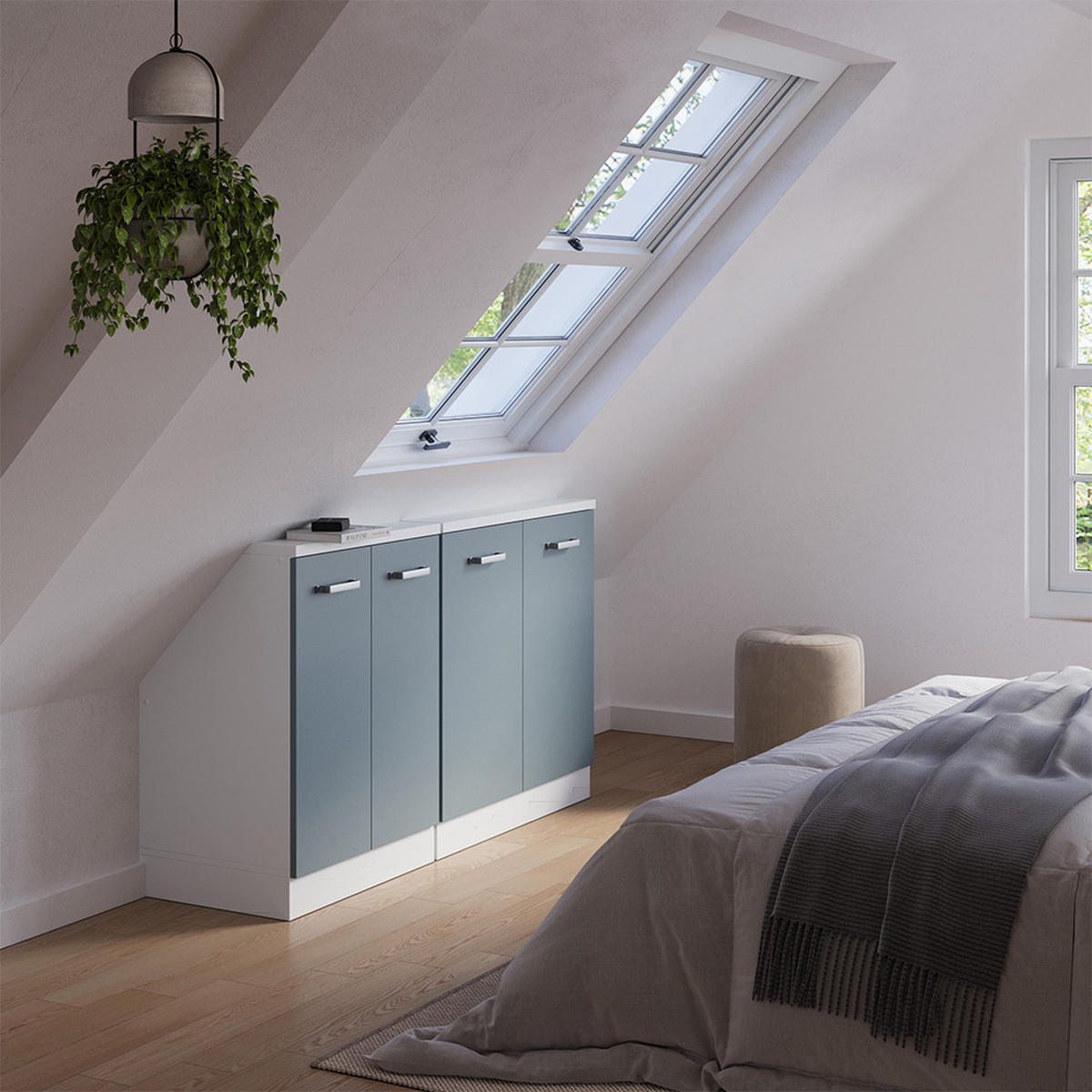 KUCHYŇSKÁ SKŘÍŇKA POD ŠIKMOU STŘECHU R-Line Modrošedá/bílá - bílá/šedohnědá, kompozitní dřevo (140/81.6/46cm) - Vicco