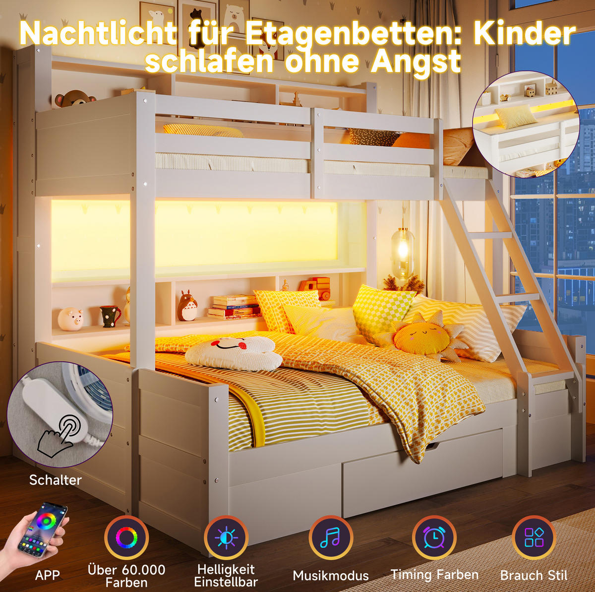 ETAGENBETT aus Kiefer 90x200/140x200 cm Weiß mit LED-Beleuchtung, offenen Fächern, Schublade und variabler Leiter - Weiß, Holzwerkstoff (90/200cm) - Modfu