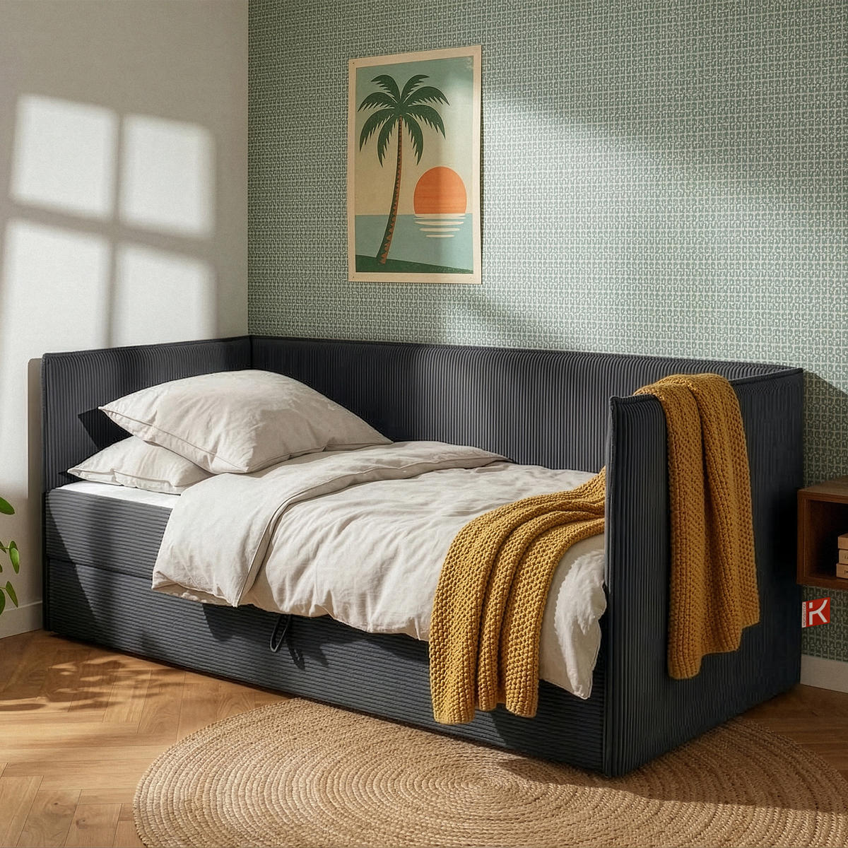 JUGENDBETT ROTI Einzelbett mit Bettkasten, 90x200cm, Bett mit Bonellmatratze, mit Rückenlehne - Dunkelgrau/Schwarz, Holz/Holzwerkstoff (92/200cm) - KONSIMO®