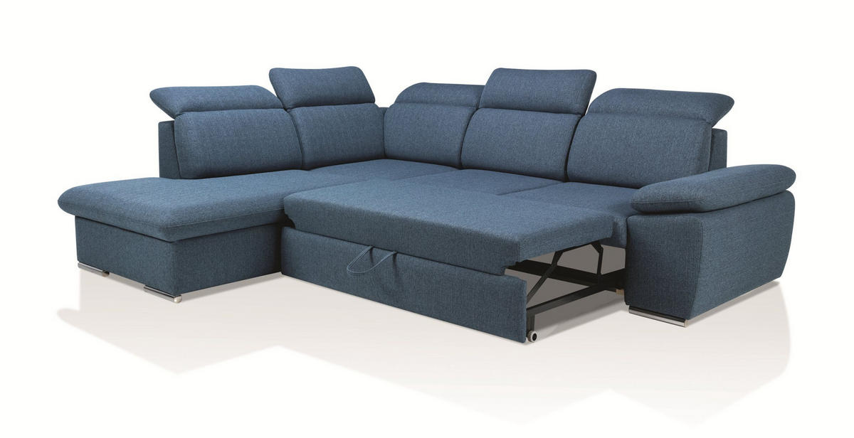 ECKSOFA ROSSI Blau Plüsch-Stoff mit Schlaffunktion - Blau, Holz (280/230cm) - MASSENO