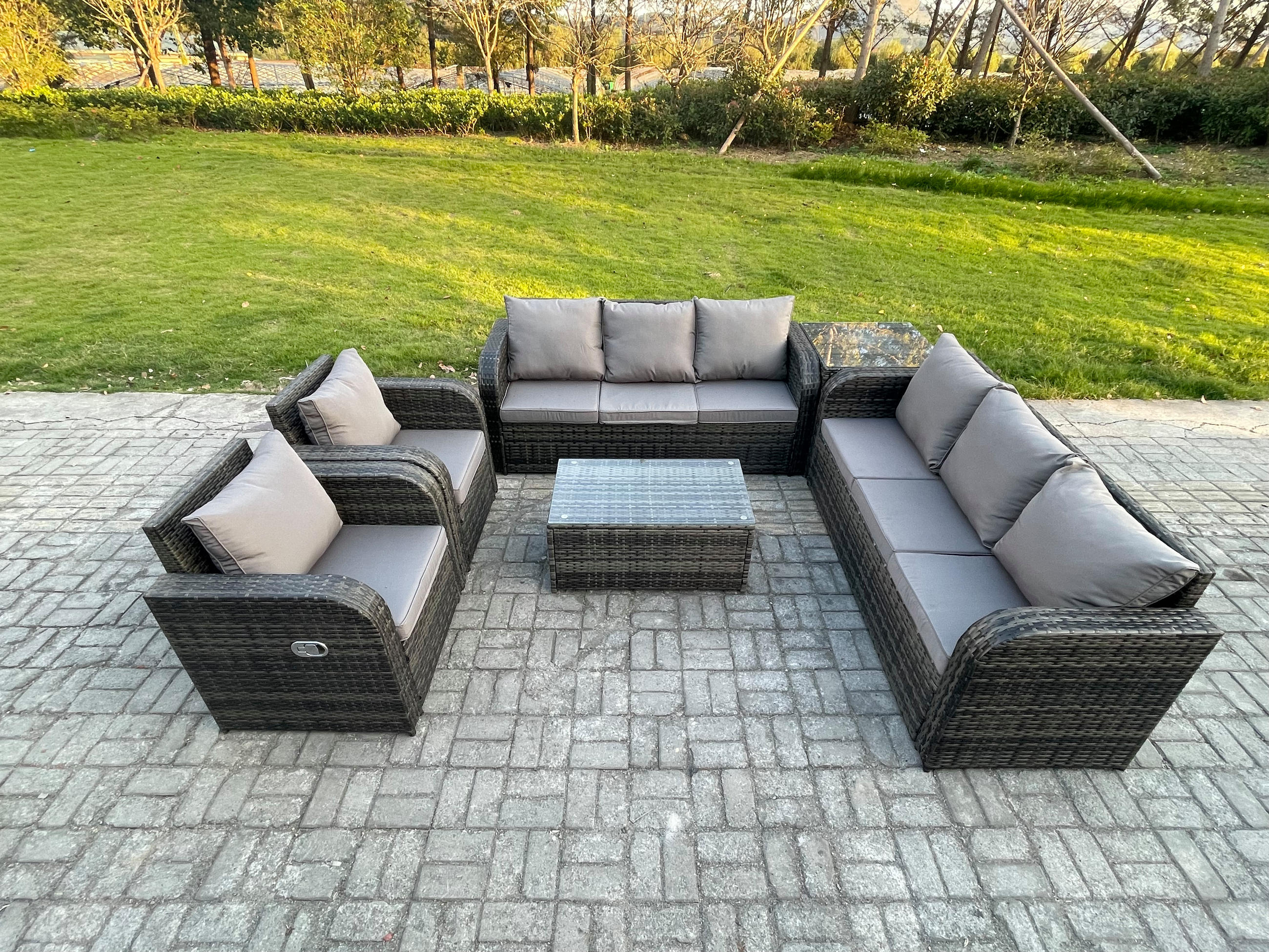GARTENMÖBEL-SET mit Kissen Polyrattan Dunkelgrau 8-Sitzer - Dunkelgrau/Grau, Glas/Kunststoff - Fimous