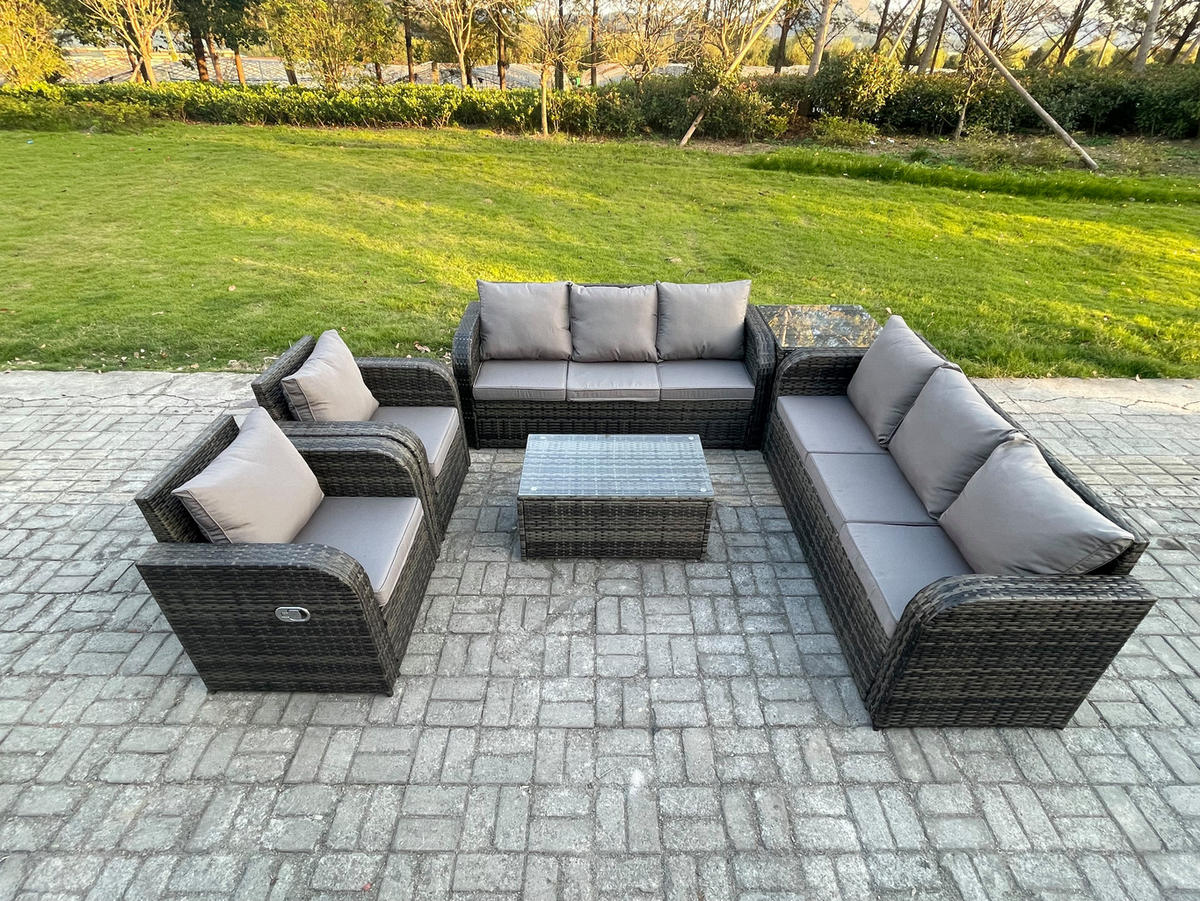 GARTENMÖBEL-SET mit Kissen Polyrattan Dunkelgrau 8-Sitzer - Dunkelgrau/Grau, Glas/Kunststoff - Fimous