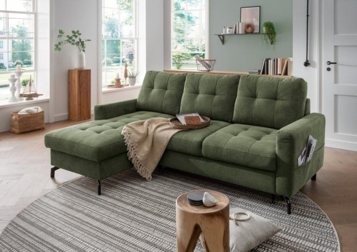 ECKSOFA mit Schlaffunktion und Bettkasten, Luxus-Mikrofaser - Dunkelgrün/Schwarz, Textil/Metall (230/150cm) - myHomelando