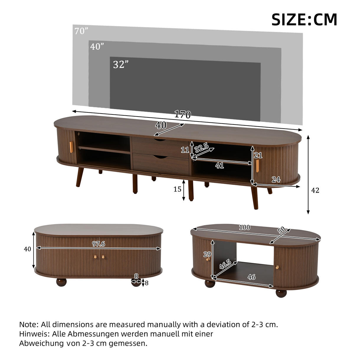 LOWBOARD DE-37735 und Couchtisch mit Stauraum Nussbaum - Walnussfarben, Holzwerkstoff (170/42/40cm) - ComfortXL