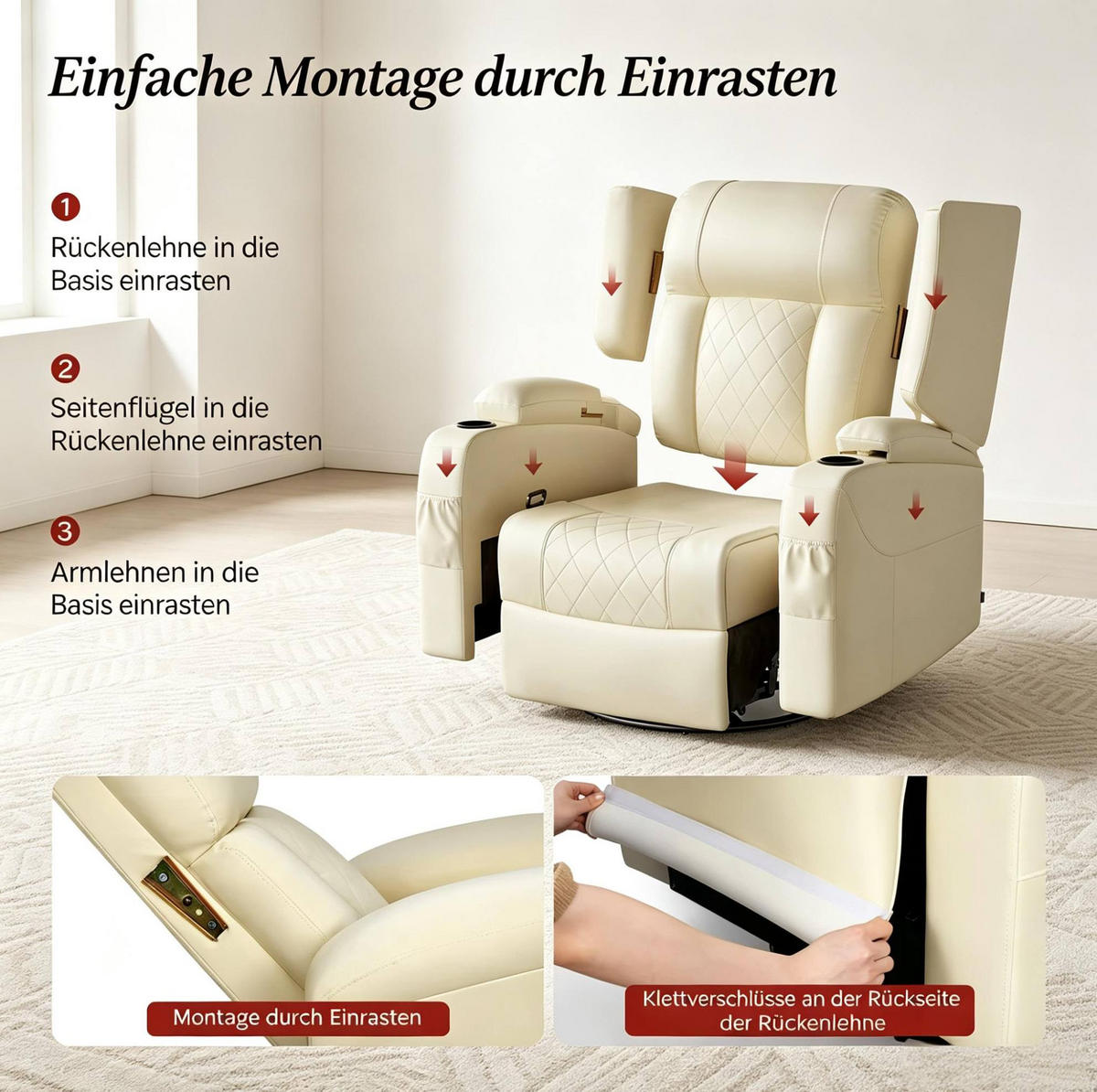 RELAXSESSEL in Beige 94,5x87x103,5 cm mit Dreh-, Wipp- und Liegefunktion - Beige, Textil (87/103.5/94.5cm) - IVMEU