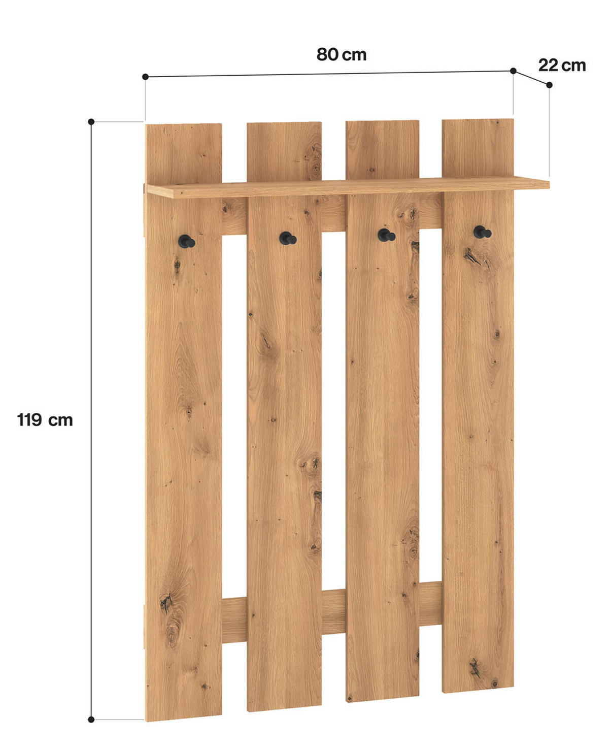 GARDEROBENPANEEL Renes Eiche Artisan 80 / 22 / 119cm - Hellbraun, Holz/Holzwerkstoff (80/119/22cm) - Feldmann-Wohnen