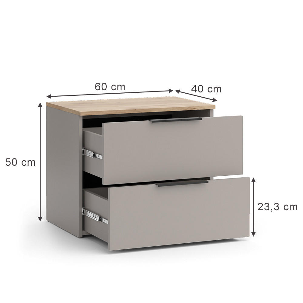 KOMMODE Wido Greige 60 x 50 cm mit 2 Schubladen - Greige/Sonoma Eiche, Holzwerkstoff (60/50/40cm) - Vicco