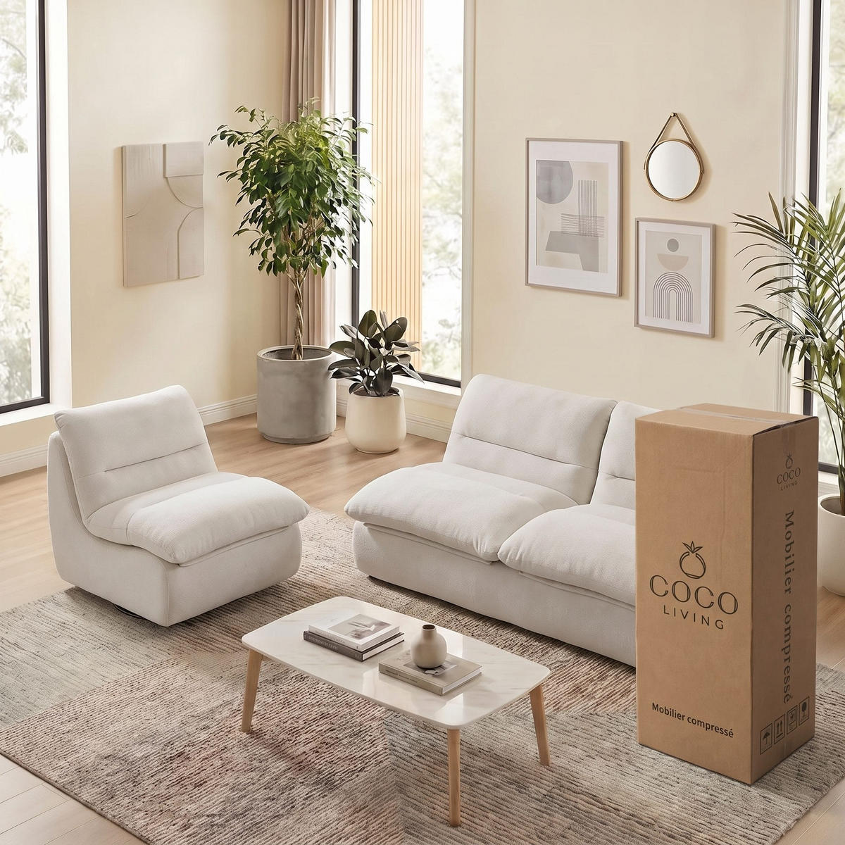 SITZGARNITUR Nuvia Sofa und Sessel Weiß und Weiß - Weiß, Textil (160/73/100cm) - COCO Living