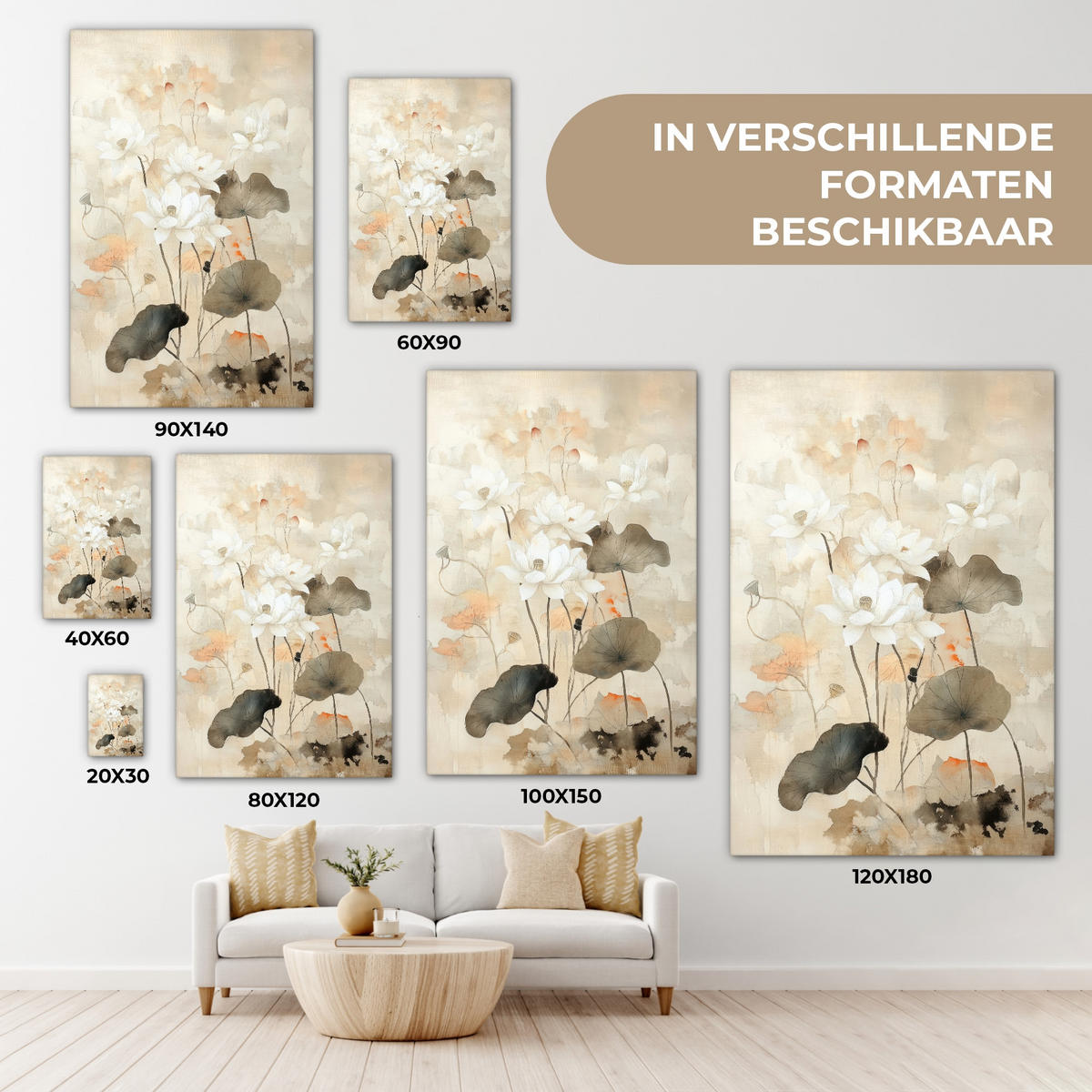 LEINWANDBILD Blumen - Japandi - Wabi sabi Deko Wohnzimmer 20x30 cm - Sandfarben, Textil (20/30cm) - MuchoWow