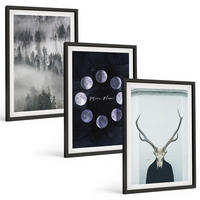 BILDER SET 3er Set - 40x60 cm Schwarzer Rahmen - Waldlandschaft, Nebel, Mond, Hirschschädel - Schwarz, Kunststoff (40/60cm) - TULUP