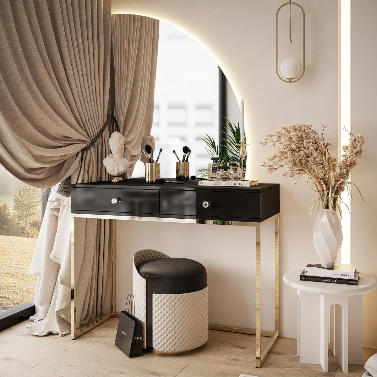 SCHMINKTISCH schwarz QUINNIE mit LED-Spiegel gold Chrom rechts Griff Kristall - Goldfarben/Schwarz, Holzwerkstoff (100/176/42cm) - Lookway