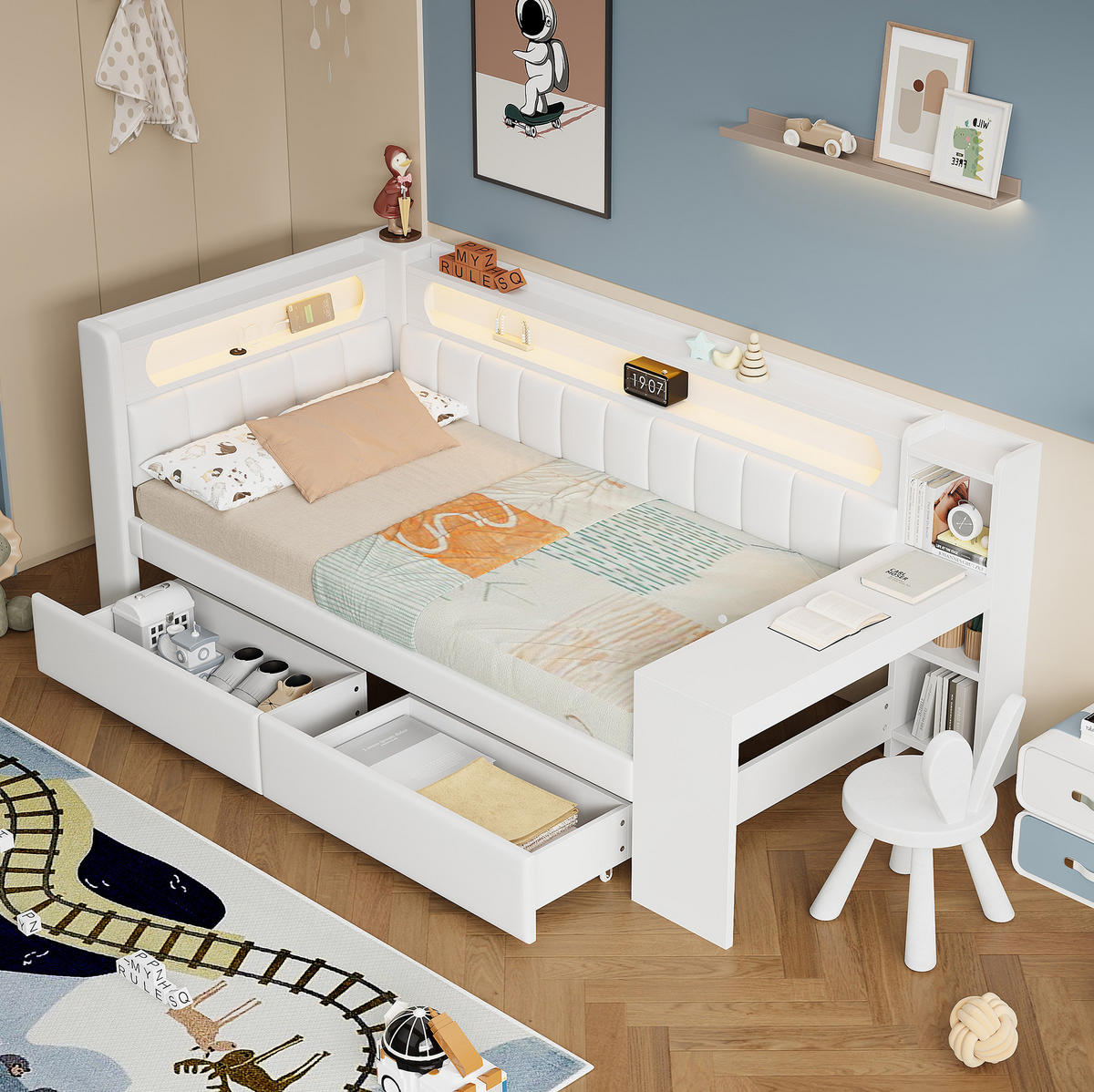 POLSTERBETT 90/200 cm Weiß mit LED-Beleuchtung, USB-Anschluss, Schreibtisch und 2 Schubladen - Weiß, Holzwerkstoff (90/200cm) - Flora Grace