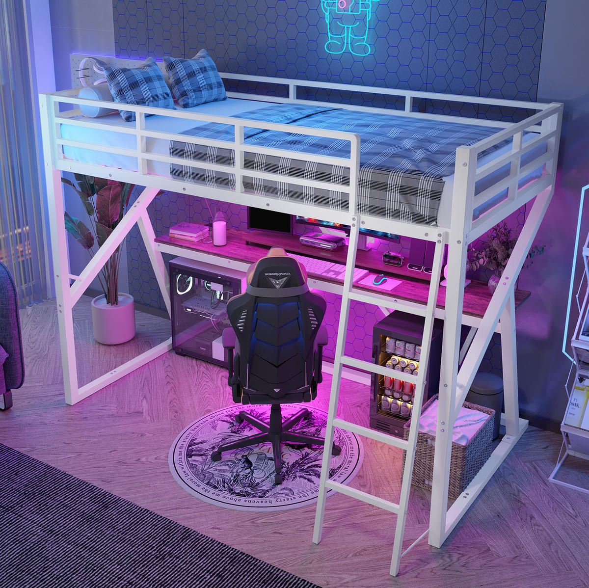 HOCHBETT 90/200 cm mit LED-Beleuchtung, Schreibtisch, Geländer und Leiter, Weiß - Weiß, Metall (90/200cm) - Redom