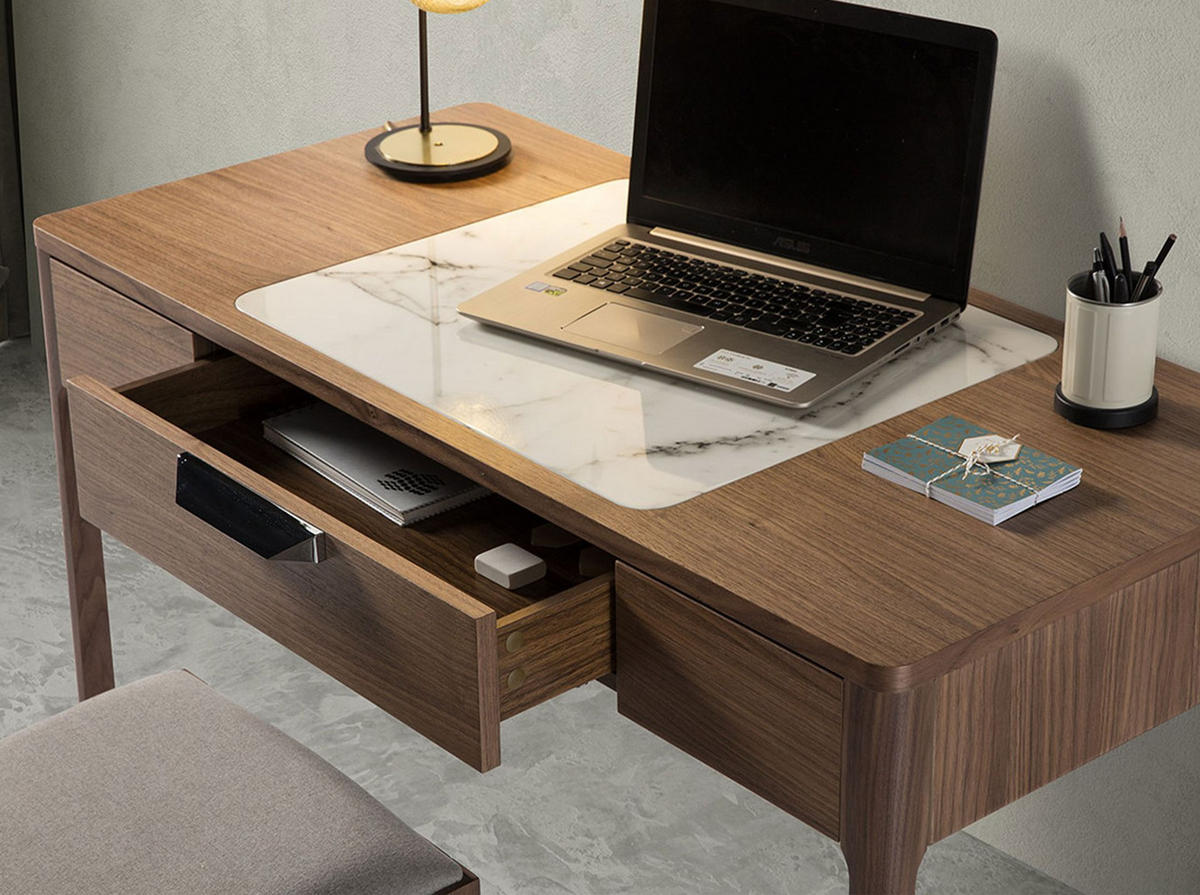 SCHMINKTISCH aus Nussbaumholz mit weißer und grau glänzender Glasplatte in Marmoroptik - Nussbaumfarben/Walnussfarben, Glas/Holz (55/120/76cm) - ANGEL CERDA