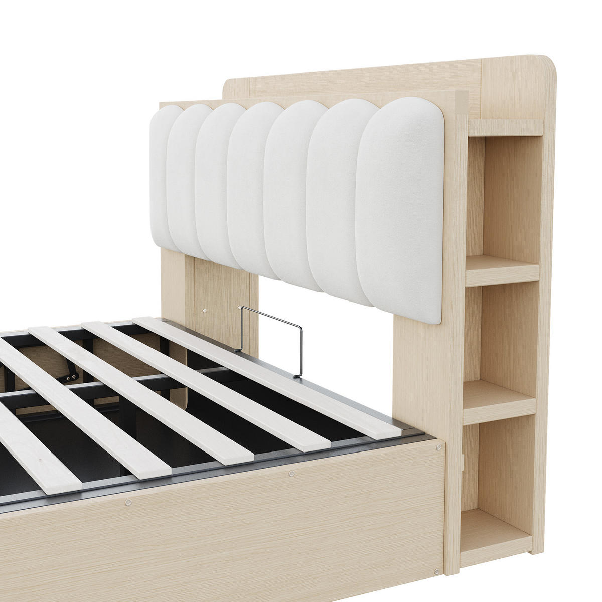 BETT 140/200 cm in Naturfarben mit Bettkasten, USB und Ablage Holz Design - Weiß/Naturfarben, Holzwerkstoff/Textil (140/200cm) - STILVORA