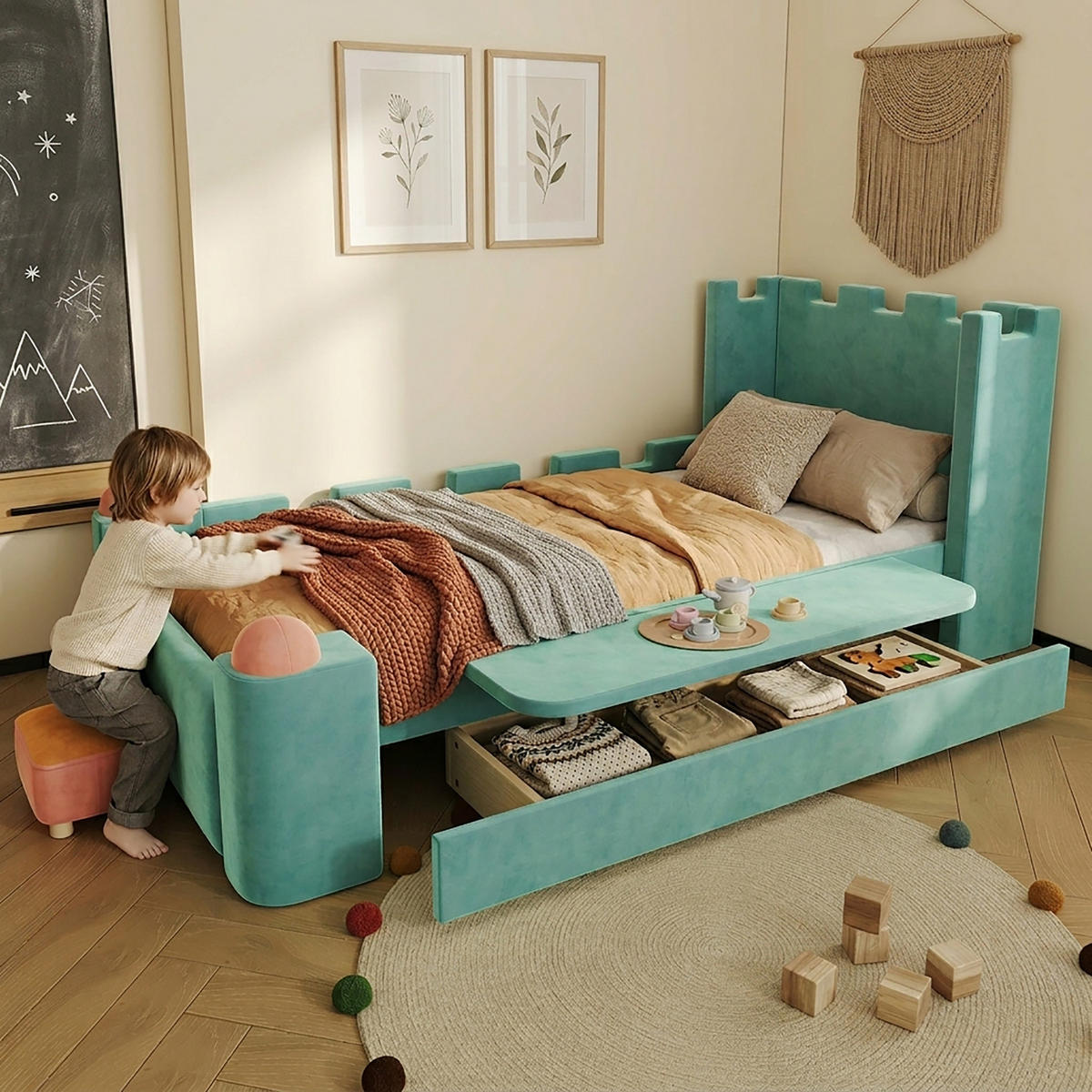 KINDERBETT 90/200 cm in Blaugrün mit klappbarer Seitenablage und Stauraum-Schublade - Grün, Holzwerkstoff/Textil (90/200cm) - WISHDOR