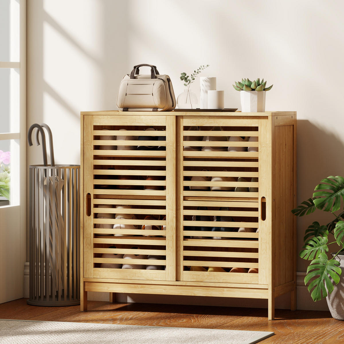 SCHUHSCHRANK Natur Bambus mit Türen Stauraum 1 Stück - Naturfarben, Holz (80/80/35cm) - PANGIVO