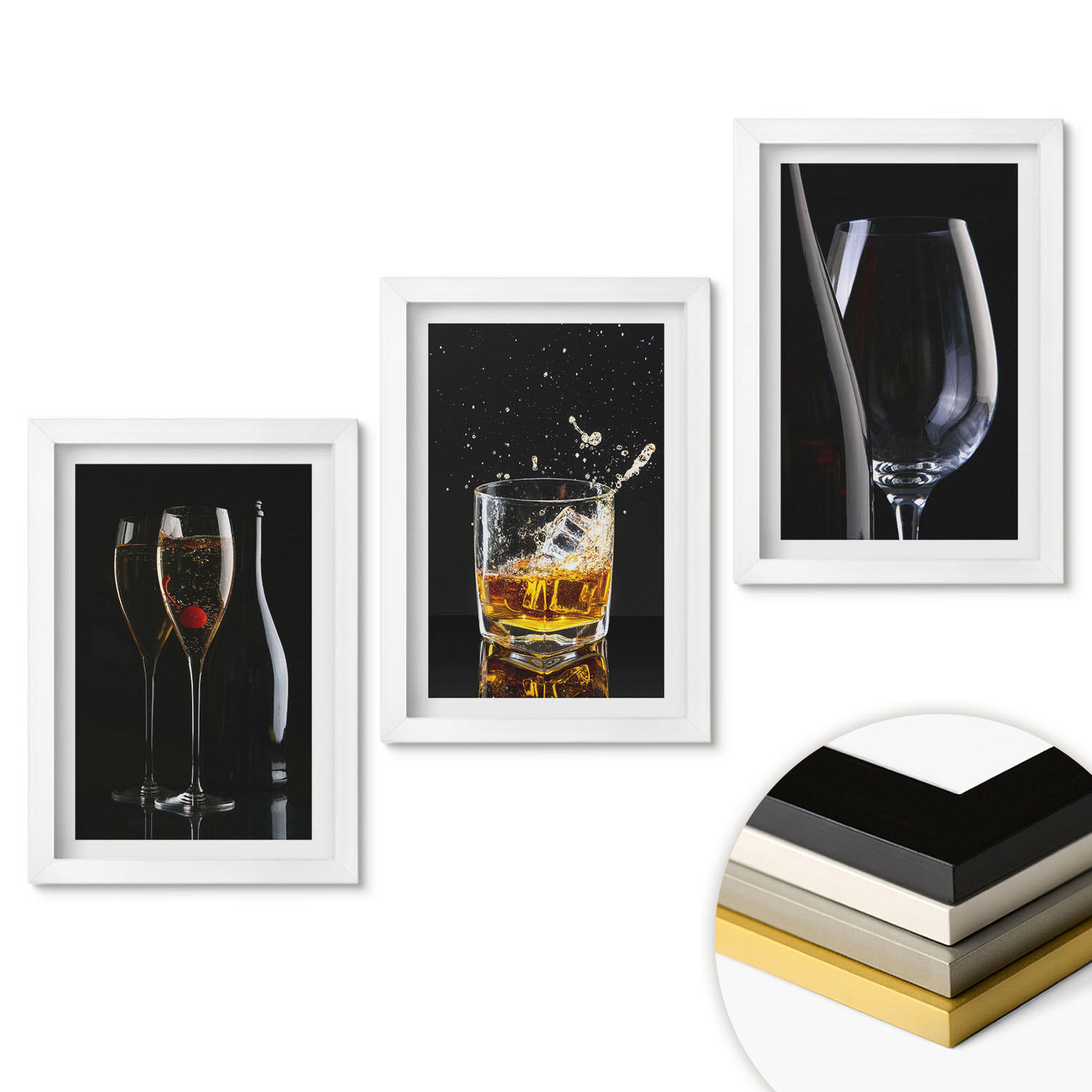 WANDBILDER 3er-Set - 20x30 cm Weißer Rahmen - Weingläser und Whiskygläser auf schwarzem Hintergrund - Weiß, Kunststoff (20/30cm) - ArtPrintCave