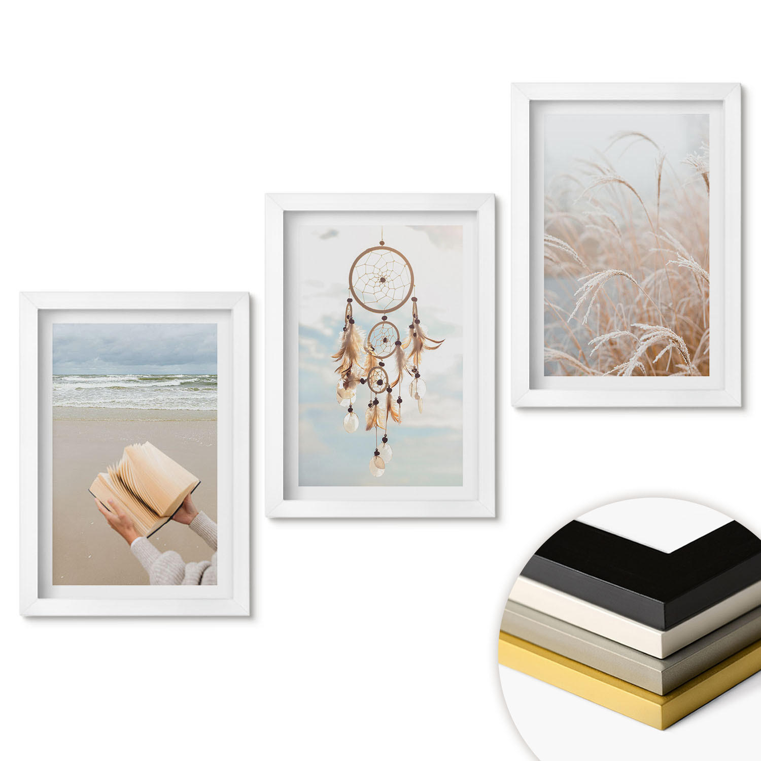 WANDBILDER 3er-Set - 20x30 cm Weißer Rahmen - Friedliche sommerliche Boho-Landschaften - Weiß, Kunststoff (20/30cm) - ArtPrintCave