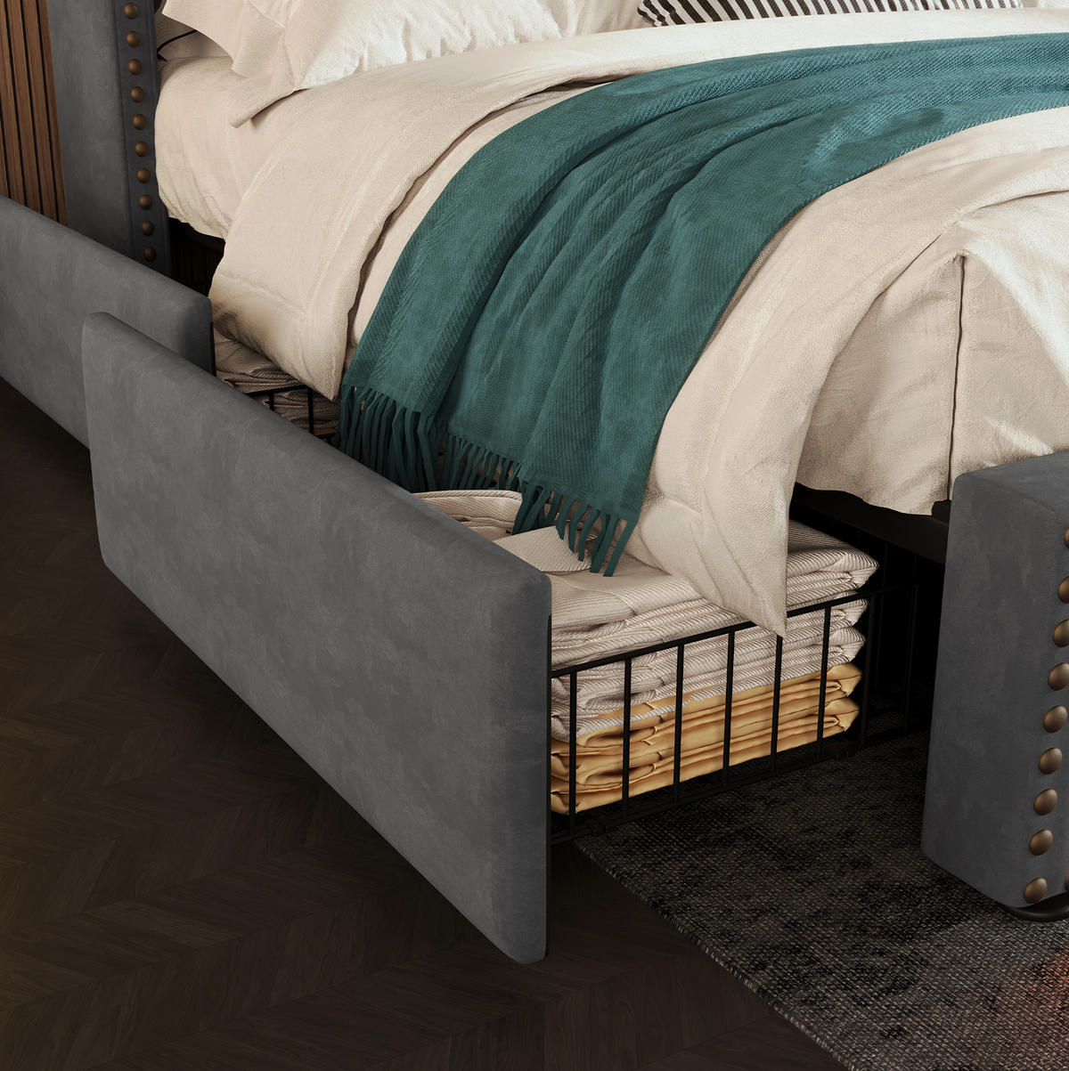 POLSTERBETT 160/200 cm Grau aus Samt mit LED und 4 Schubladen - Grau, Textil (160/200cm) - OKMYHOME