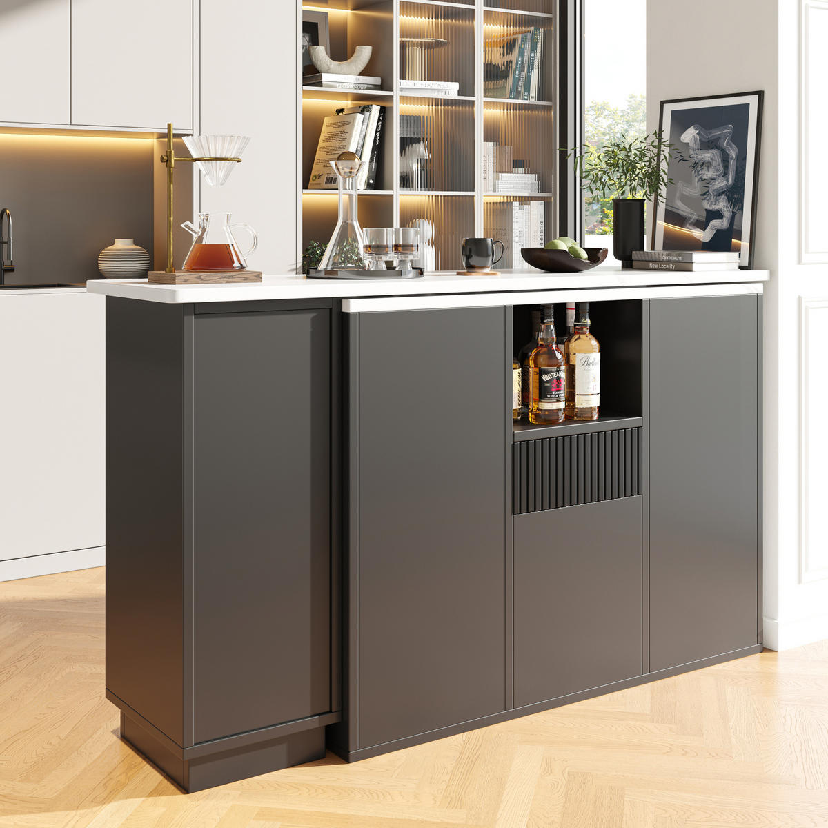 DREHBARE Kücheninsel Bar 210x30x100.9cm Schwarz mit L-förmigem Design - Schwarz, Holzwerkstoff (210/100.9/30cm) - Modfu