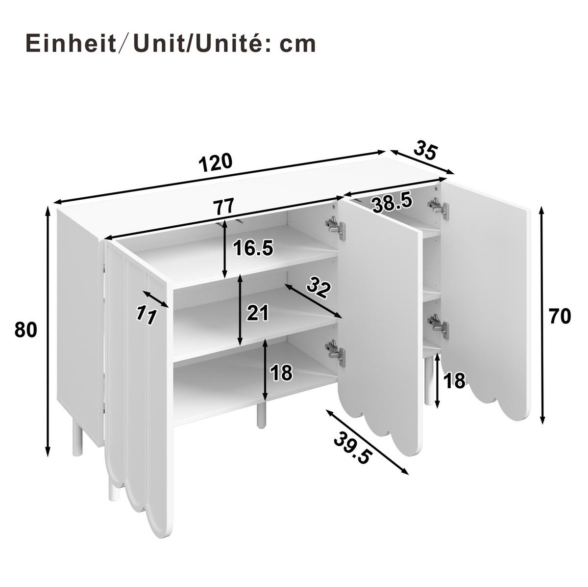 KOMMODE aus MDF 120x35x80cm in Weiß mit Rebound-System - Weiß, Holzwerkstoff (120/80/35cm) - Modfu