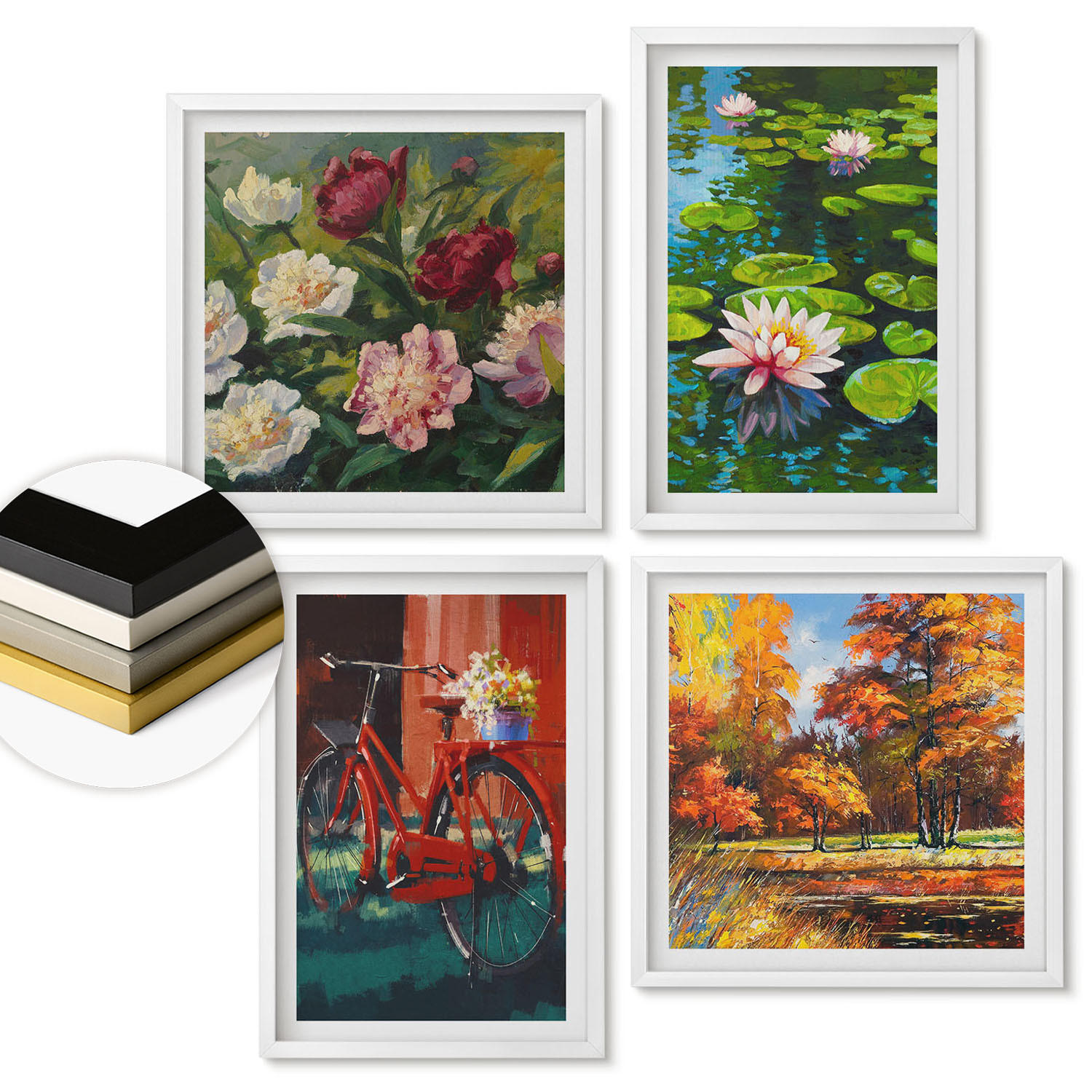 WANDBILDER 4er-Set - 50x50 cm & 40x60 cm Weißer Rahmen - Seerosen, Fahrradblumen - Weiß, Kunststoff (50/50cm) - ArtPrintCave