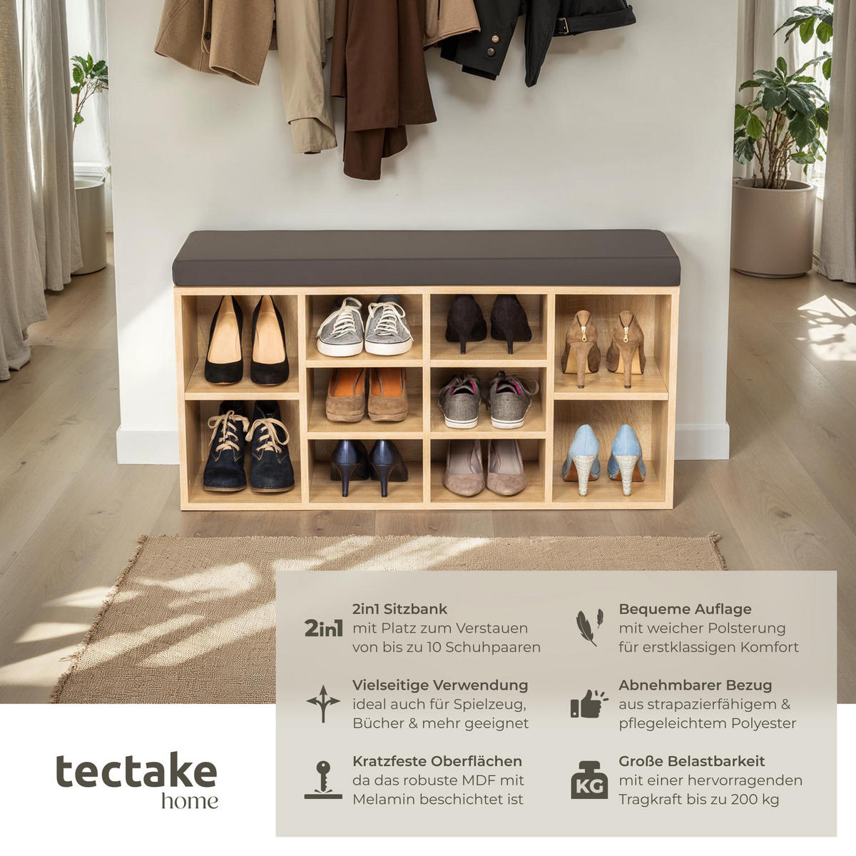 SCHUHSCHRANK Max,103,5 x 48 x 30 cm,dunkelgrau/eiche hell - Dunkelgrau/Eichefarben, Holz (30/48/103.5cm) - tectake