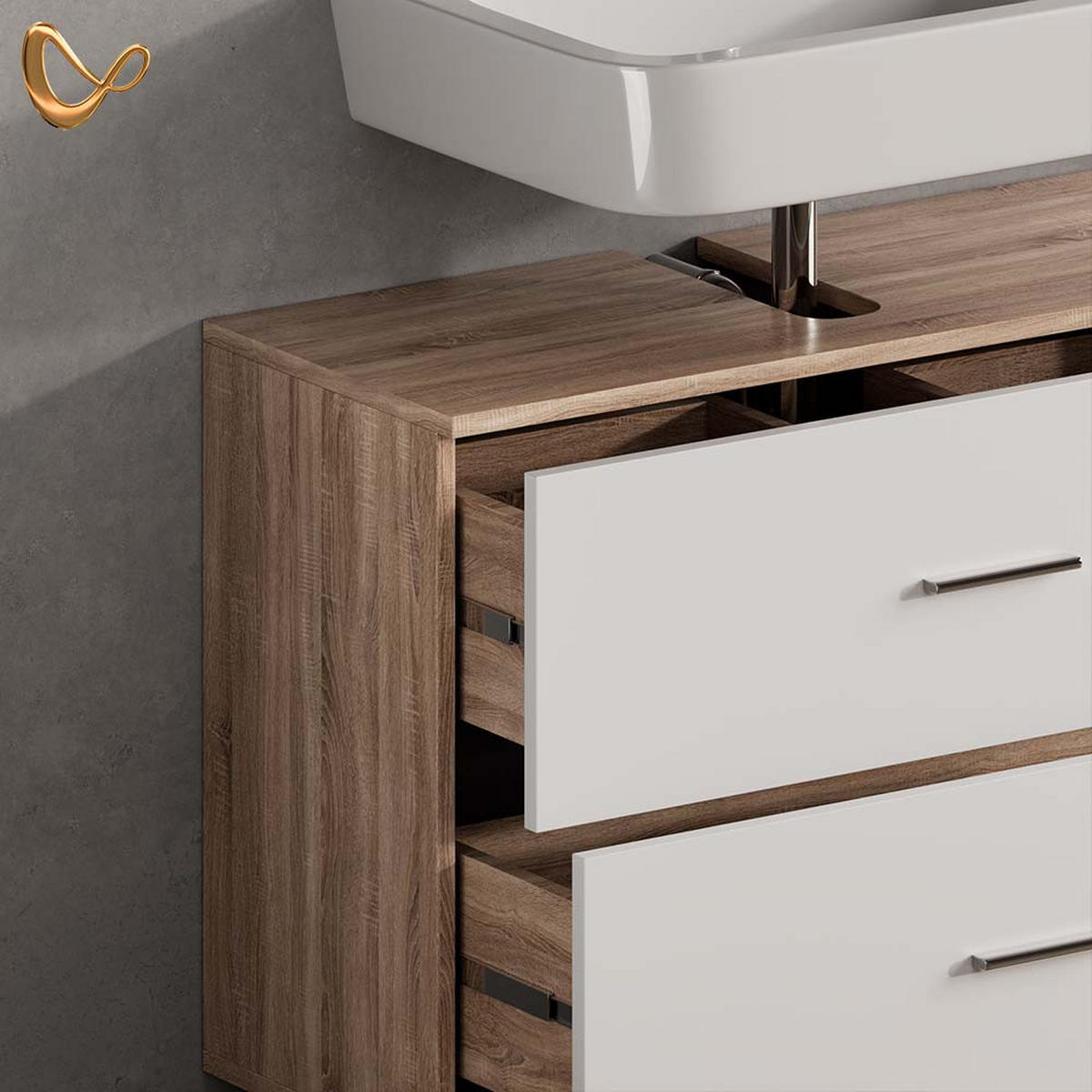 BADMÖBEL-SET Eisak Weiß/Sonoma 2 Teile, Unterschrank 80 cm - Weiß/Sonoma Eiche, Holzwerkstoff (80/60/33cm) - Livinity®