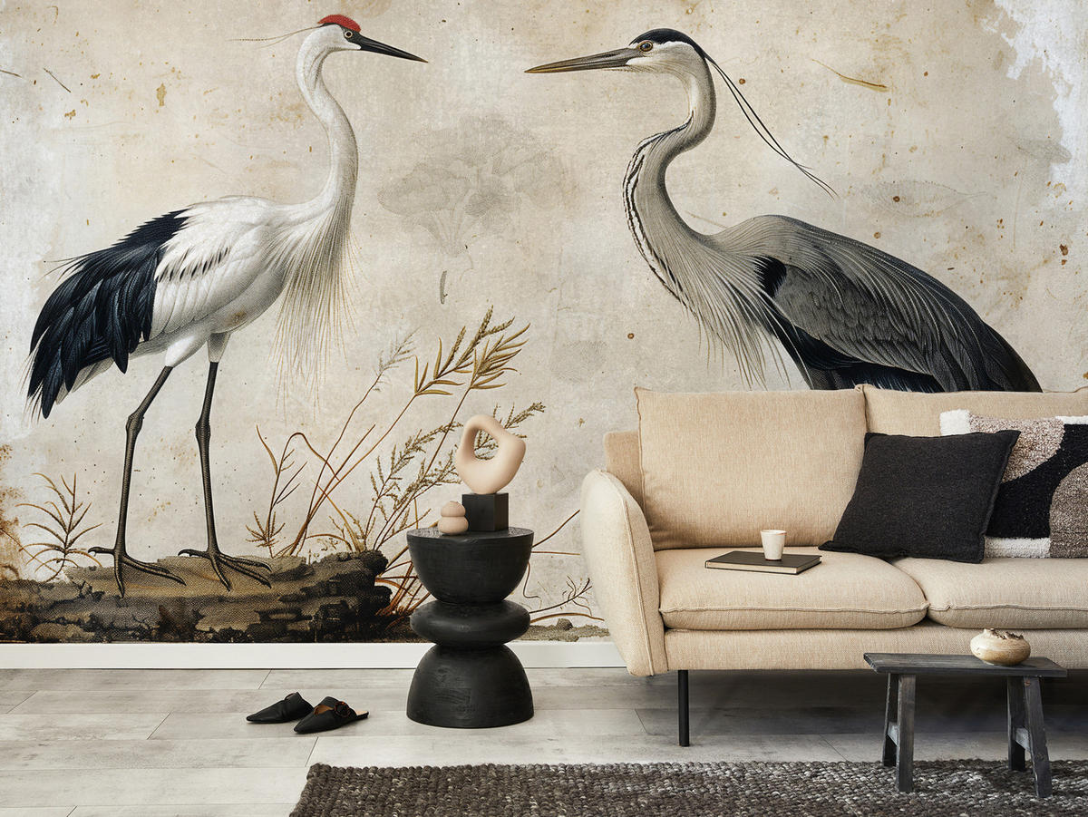 FOTOTAPETE Vögel Vögel Kranich Reiher Retro Stil 200x140 - Beige/Rot, Papier (200/140cm) - Muralo