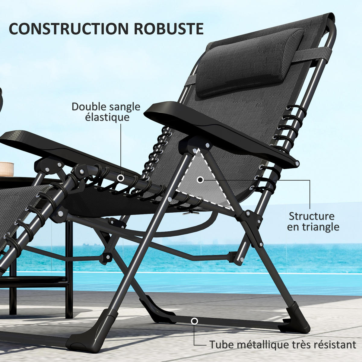 SONNENLIEGE DE-15655 2er-Set, 5-fach verstellbar mit Kopfkissen Schwarz - Schwarz, Metall (65/112/90cm) - ComfortXL