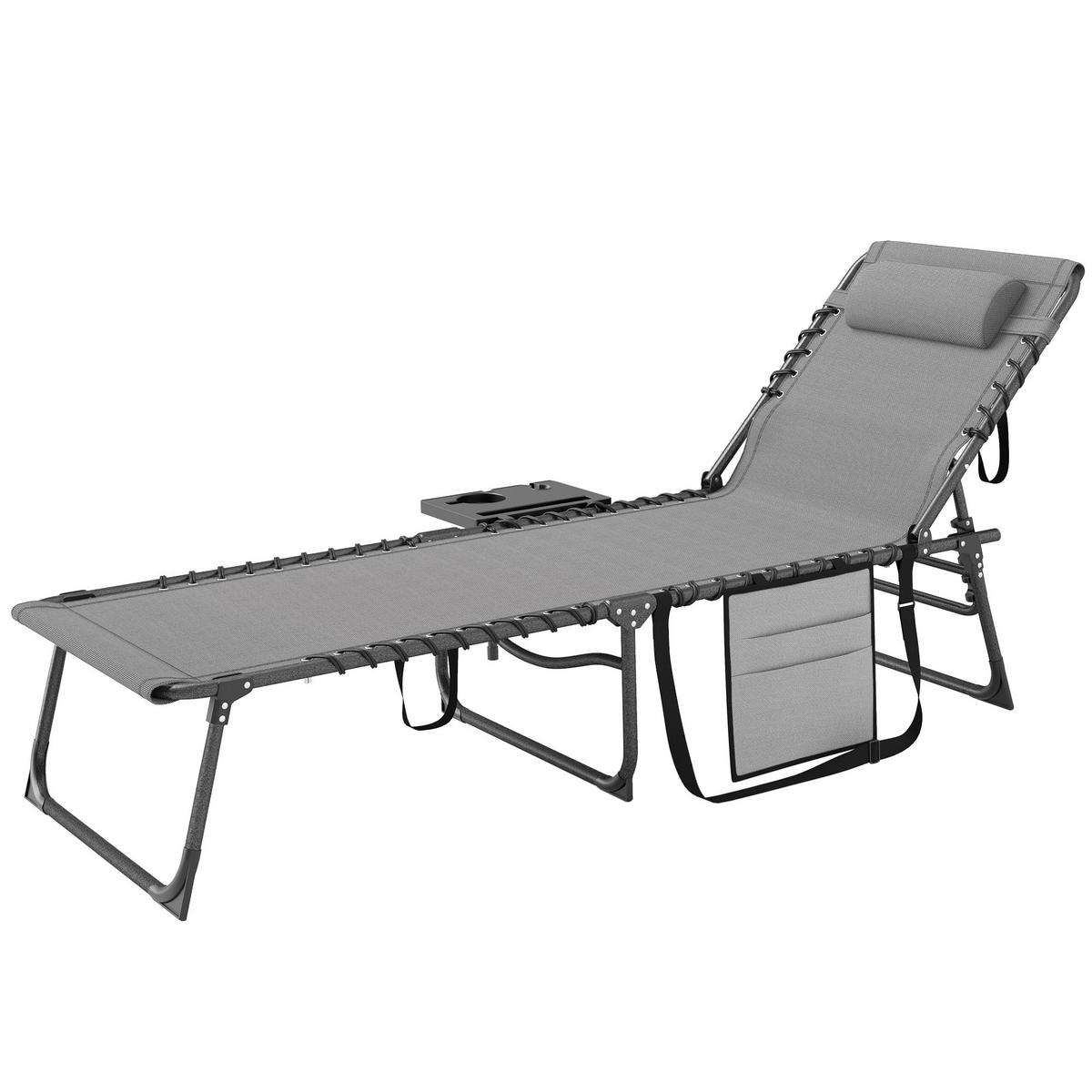 SONNENLIEGE klappbar Gartenliege mit Kopfkissen, Liegestuhl mit 5-Fach verstellbare Rückenlehne bis 120 kg - Grau, Metall (190/31/60cm)