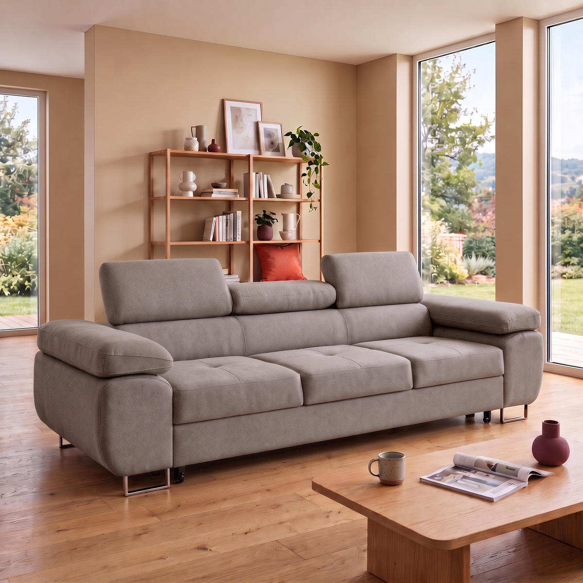 3-SITZER-SOFA WILD mit Schlaffunktion 127x190 Velours Hellgrau - Chromfarben/Hellgrau, Holz/Textil (262/90/102cm) - Muffo