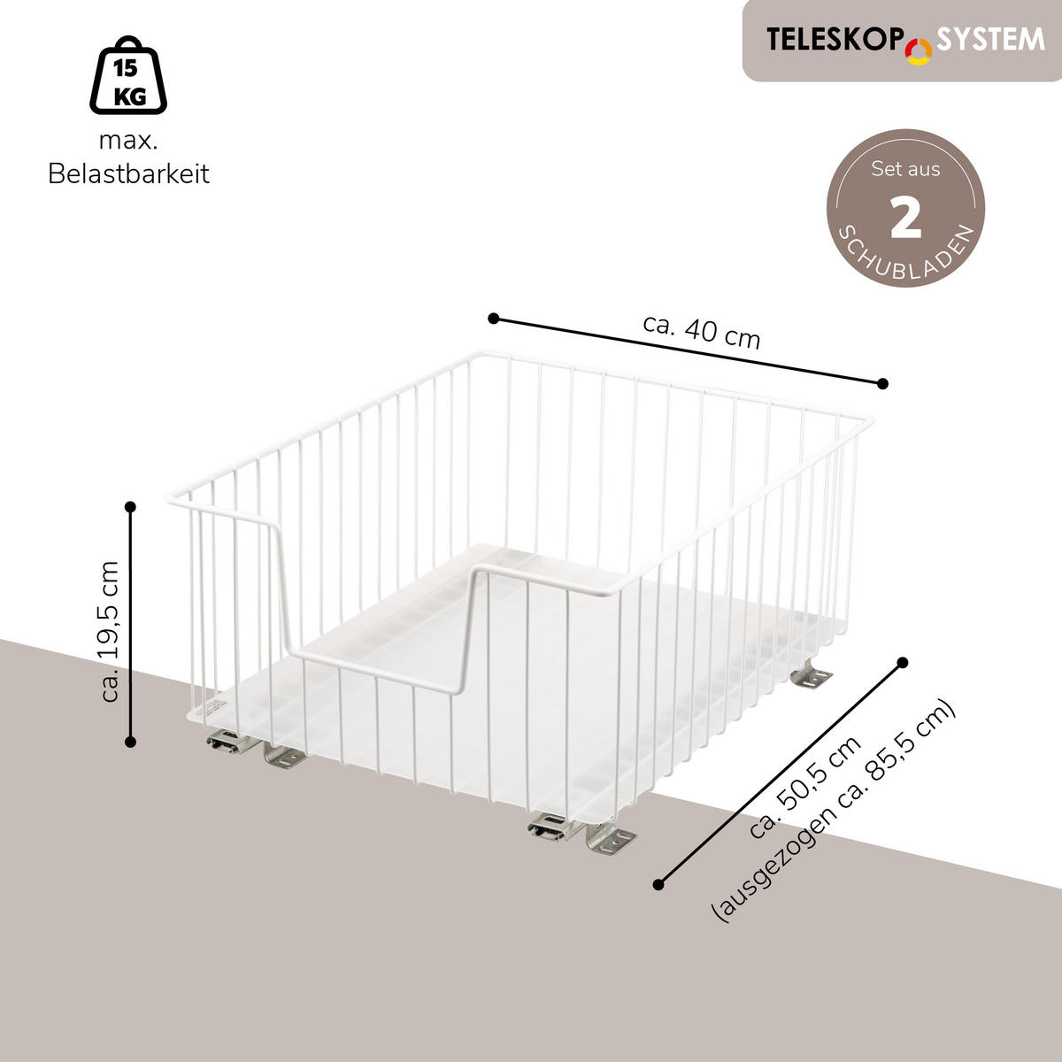 SCHRANK-KORBAUSZUG 40 cm, weiß, Metall - Weiß, Metall (40/23/50.5cm) - bremermann