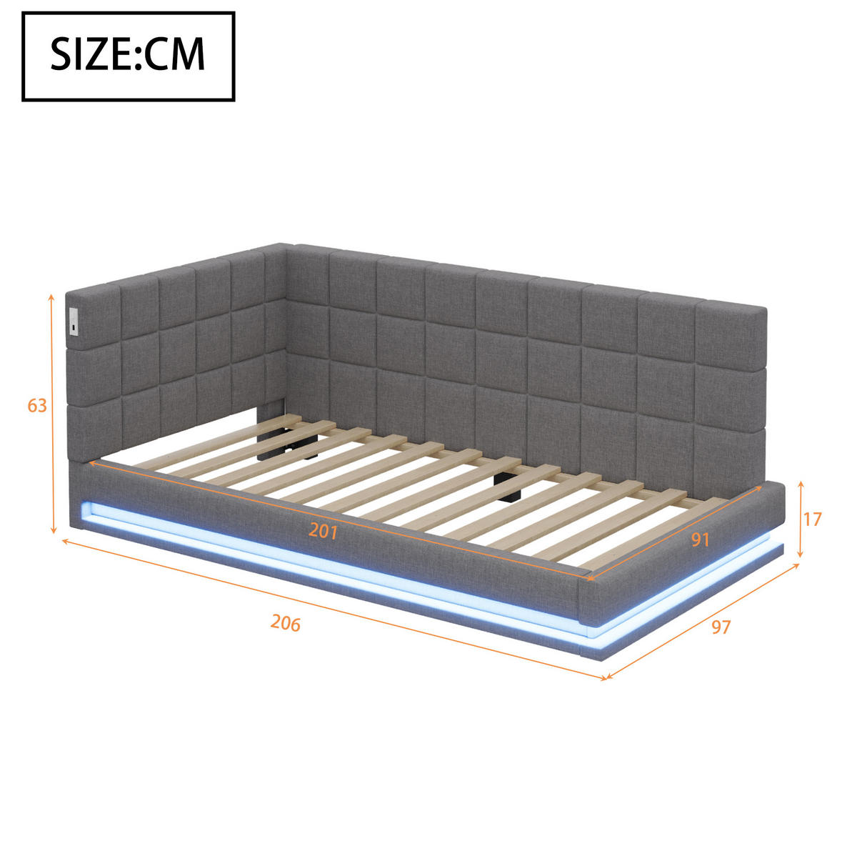 SCHLAFSOFA aus Leinen 90x200 cm Grau mit LED-Beleuchtung, USB-Anschluss und Lattenrost - Grau, Textil (90/200cm) - IVMEU