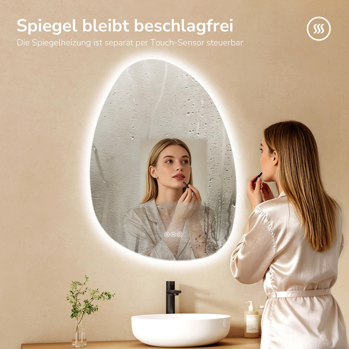 BADSPIEGEL asymmetrisch mit LED-Beleuchtung, Antibeschlag, 55/75 cm - Transparent, Glas (55/75/2.5cm) - EMKE