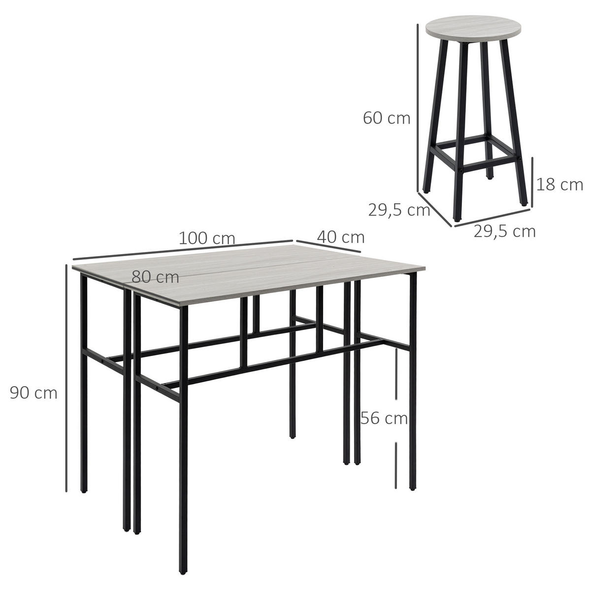 BARTISCH-SET, Spanplatte, Grau+Schwarz - Grau, Kunststoff (40/90/100cm) - HOMCOM