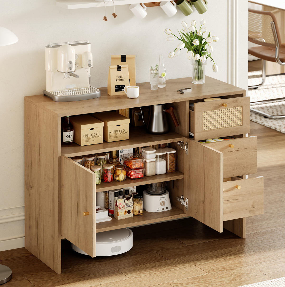 SIDEBOARD 105/40/76 cm natur aus Spanplatte mit Rattanfronten - Naturfarben, Holzwerkstoff (105/76/40cm) - OKWISH