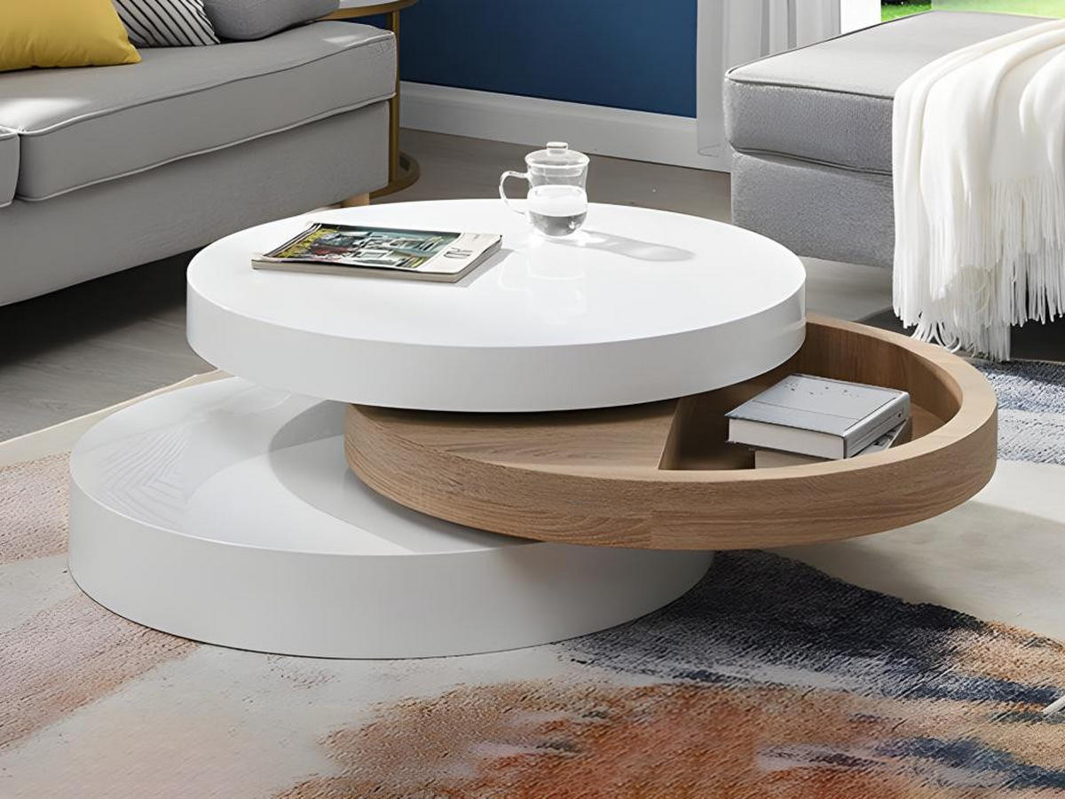 COUCHTISCH rund - drehbar - 1 Ablagefach - MDF - Weiß & Holzfarben hell - JANITA - Naturfarben, Holz (80/80/32.5cm) - Vente-Unique