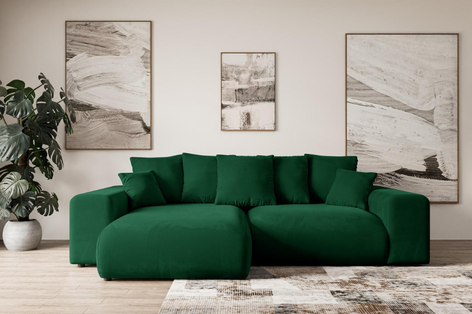 ECKSOFA mit Schlaffunktion und Bettkasten ESKAR-L 256x165x84cm Grün Velours - Schwarz/Grün, Holzwerkstoff/Kunststoff (165/256cm) - ALTDECOR
