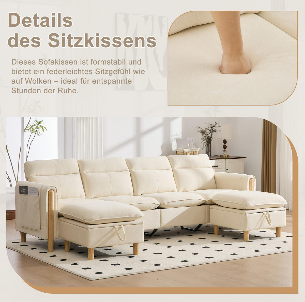 SOFA 261/77/86 cm in Beige mit Chenillebezug und 2 Stauraumhockern - Beige, Textil (77/86/261cm) - Flora Grace