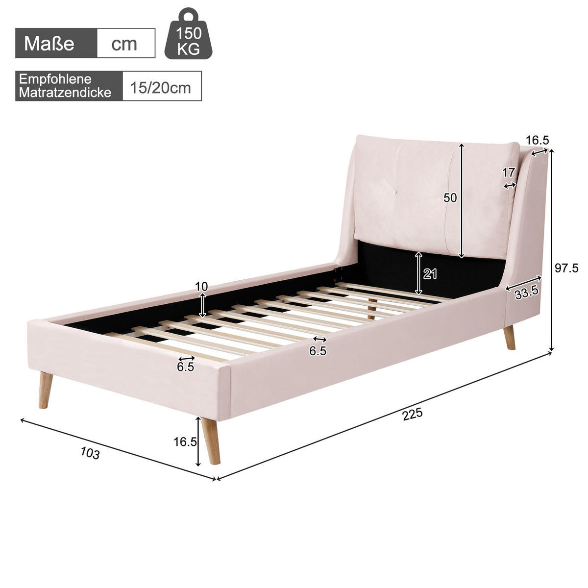 KINDERBETT 90/200 cm rosa aus Samt mit höhenverstellbarem Kopfteil - Rosa, Textil (90/200cm) - OKWISH